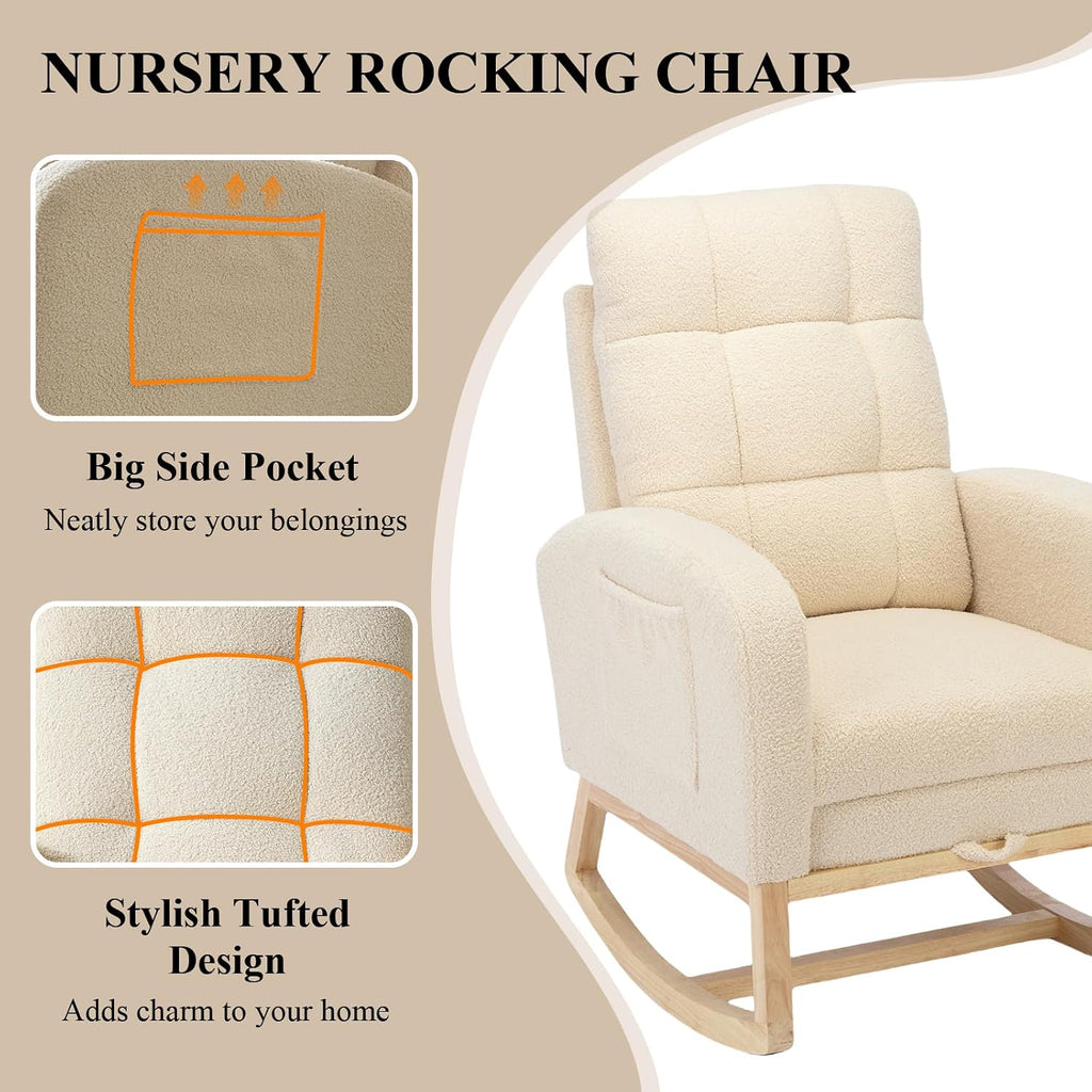 Nursery Rocking Chair, Polyester Upholstered Glider Chair with Footrest, Comfy Rocker Chair, Accent Chair with High Backrest, Glider Rocker, Armchair for Living Room (Beige Teddy)