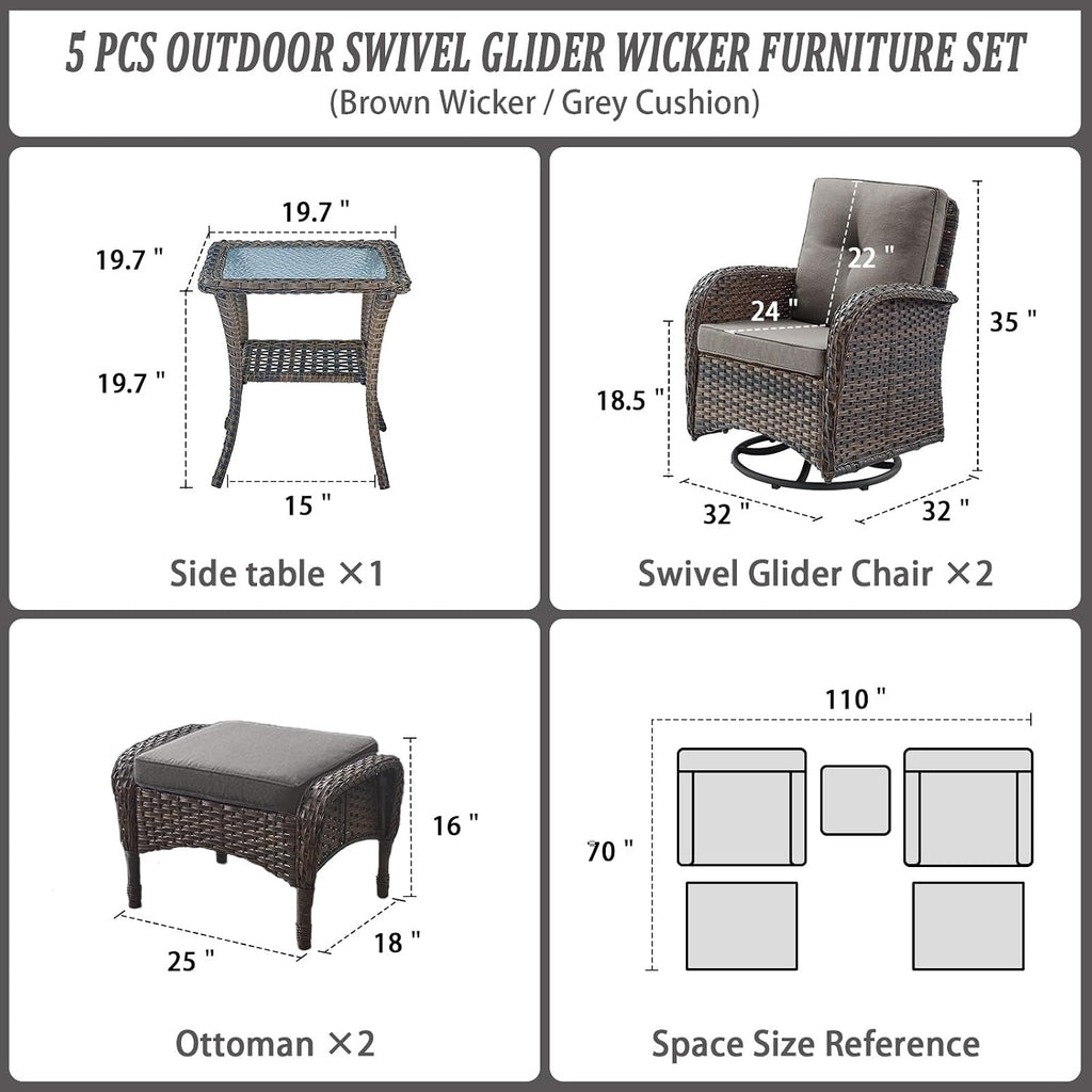 Belord Small Conversation Sets Patio Funiture - 5 Piece Outdoor Swivel Rocker Wicker Furniture Sets with Ottomans Side Table Perfect for Patio Deck Backyard, Brown Wicker Grey Cushion