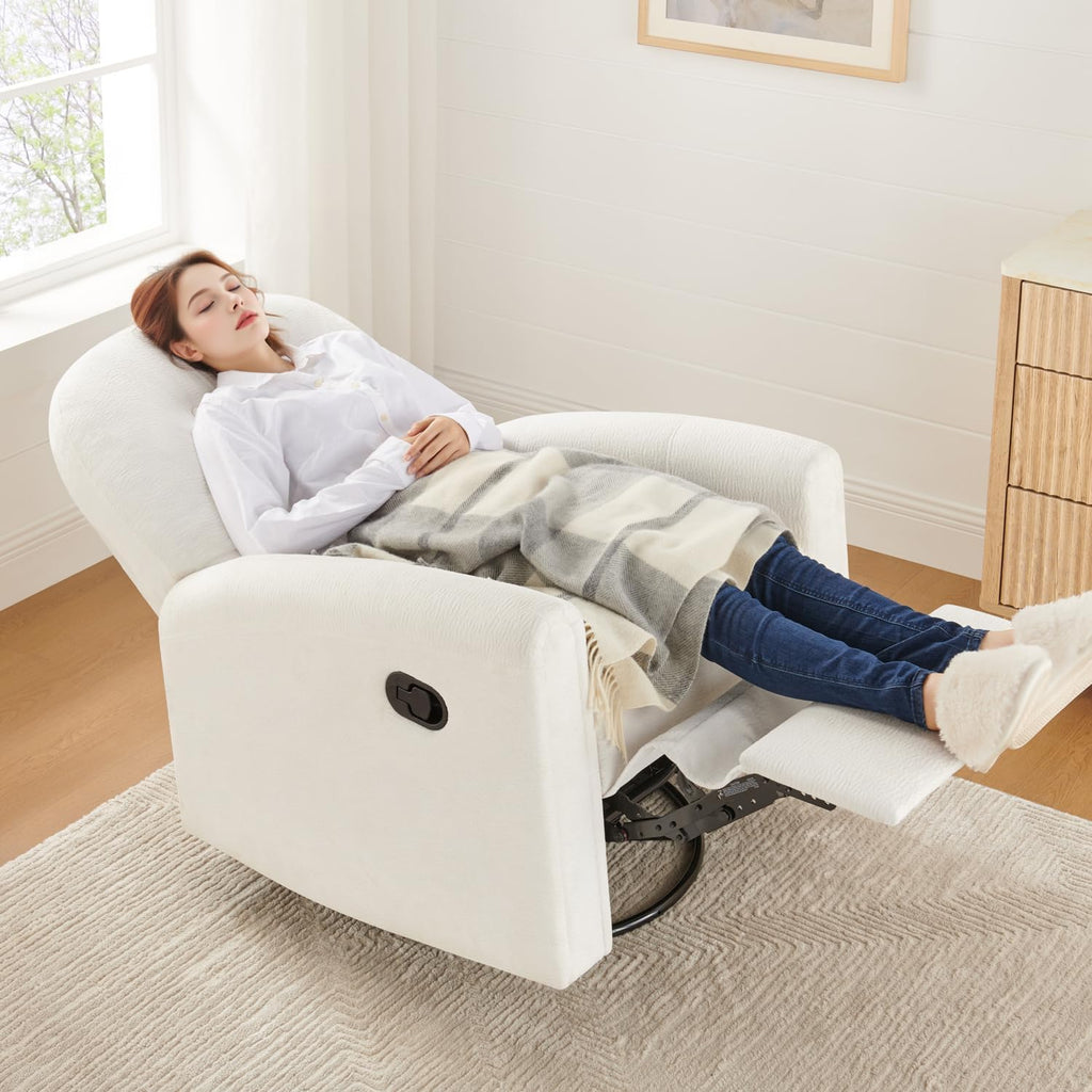 VANOMi 360 Swivel Rocker Recliner Chair, Nursery Rocking Chair with Tufted Backrest, Manual Recliner Chairs for Small Spaces, Upholstered Glider Nursing Chair for Living Room, Bedroom (White)