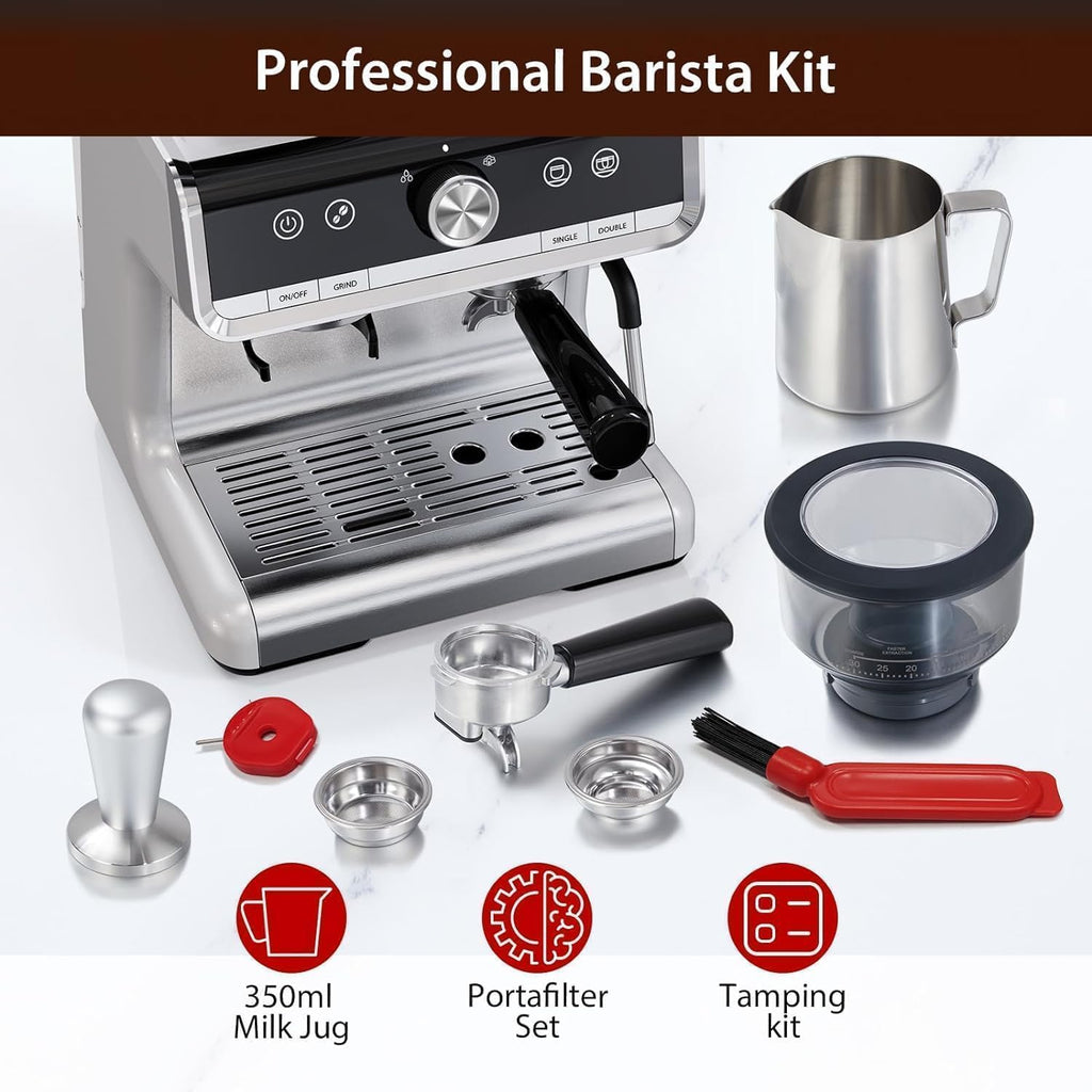 Towallmark Espresso Machine with Grinder, 20 Bar Professional Coffee Maker for Home, Milk Frother, Removable Water Tank, Steam Wand, Perfect for Espresso, Cappuccino, Latte