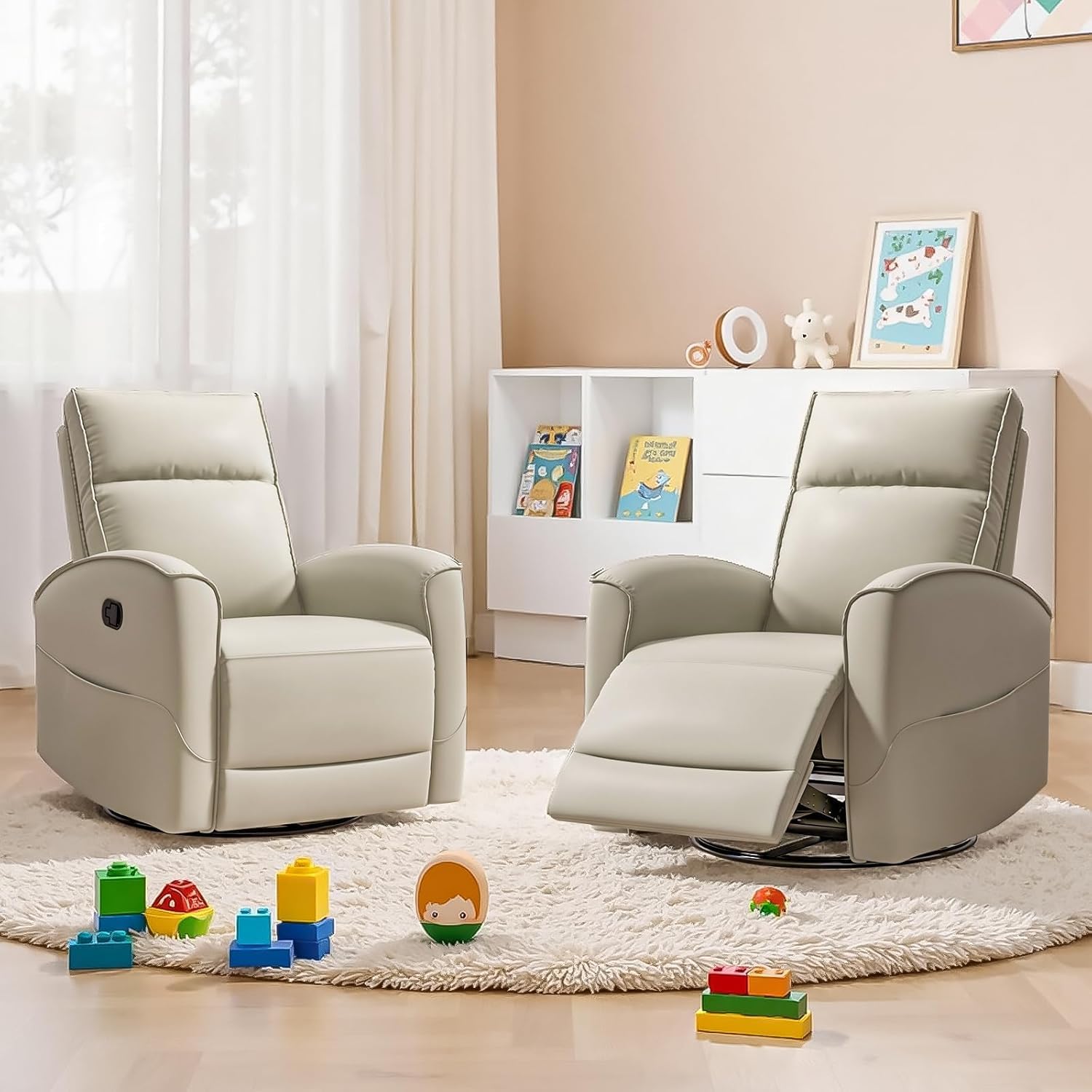 HAOMARKETS Swivel Rocker Recliner Chair, Manual Faux Leather Glider Rocking Recliners for Adults, 360° Swivel Nursery Reclining Sofa with Storage Pocket