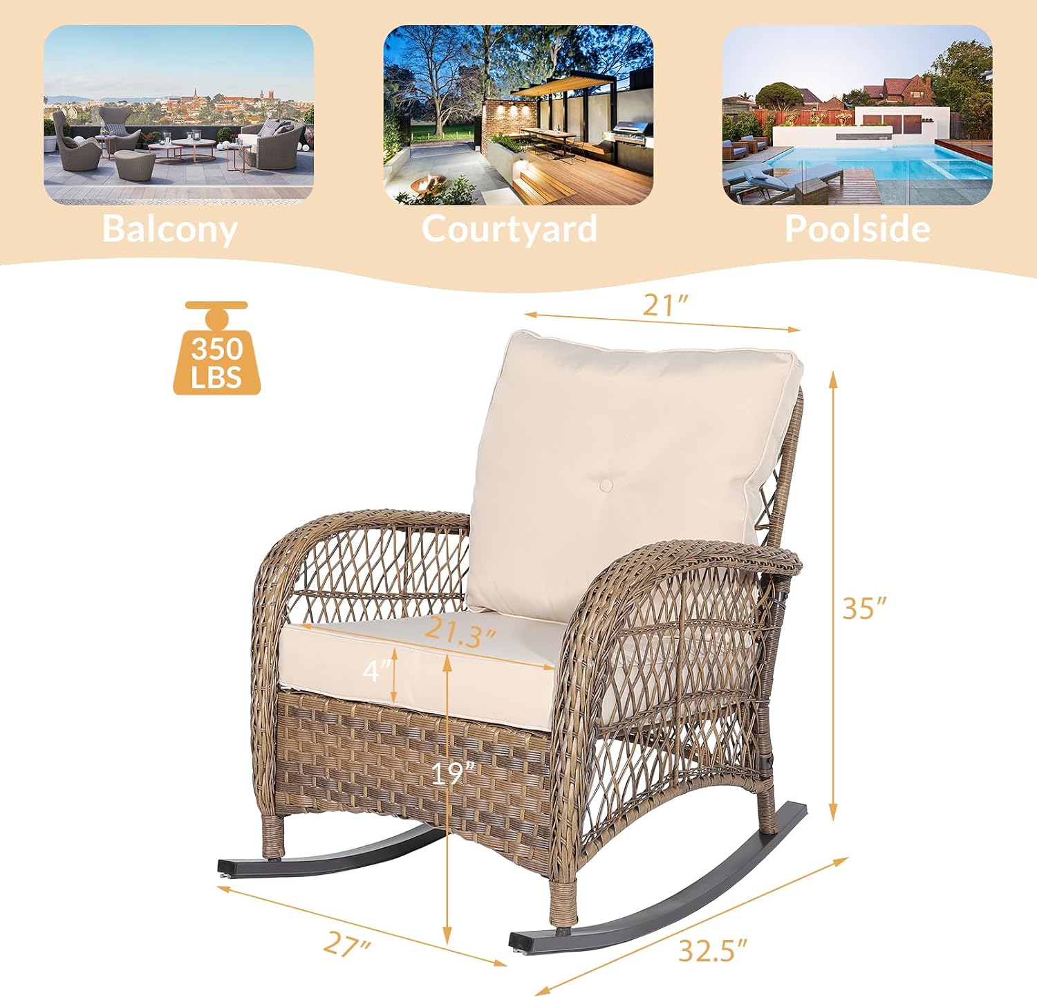 Outdoor Wicker Rocking Chair with Thickened Cushions, All-Weather Rattan Patio Rocking Chairs, Rocker Wicker Chair for Backyard & Porch Garden, Beige