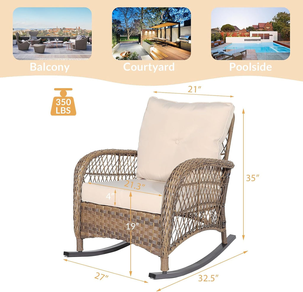 Outdoor Wicker Rocking Chair with Thickened Cushions, All-Weather Rattan Patio Rocking Chairs, Patio Wicker Rocker Chair for Backyard, Beige, Set of 2