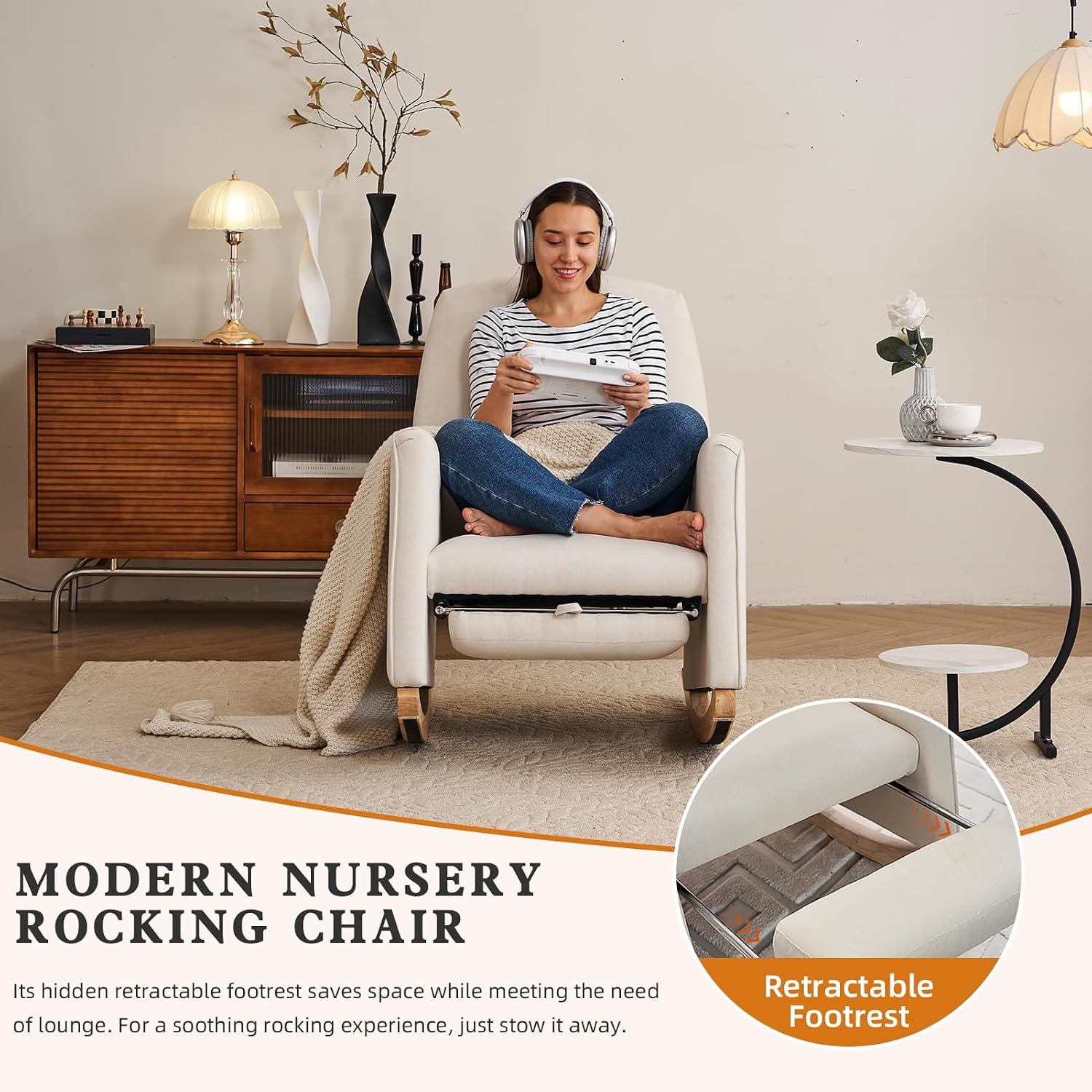 Rocking Chair Nursery with Foot Rest, Nursing Rocking Chair with High Backrest, Glider Rocker Chair for Living Room, Bedroom, Nursery(Cotton Linen Beige)