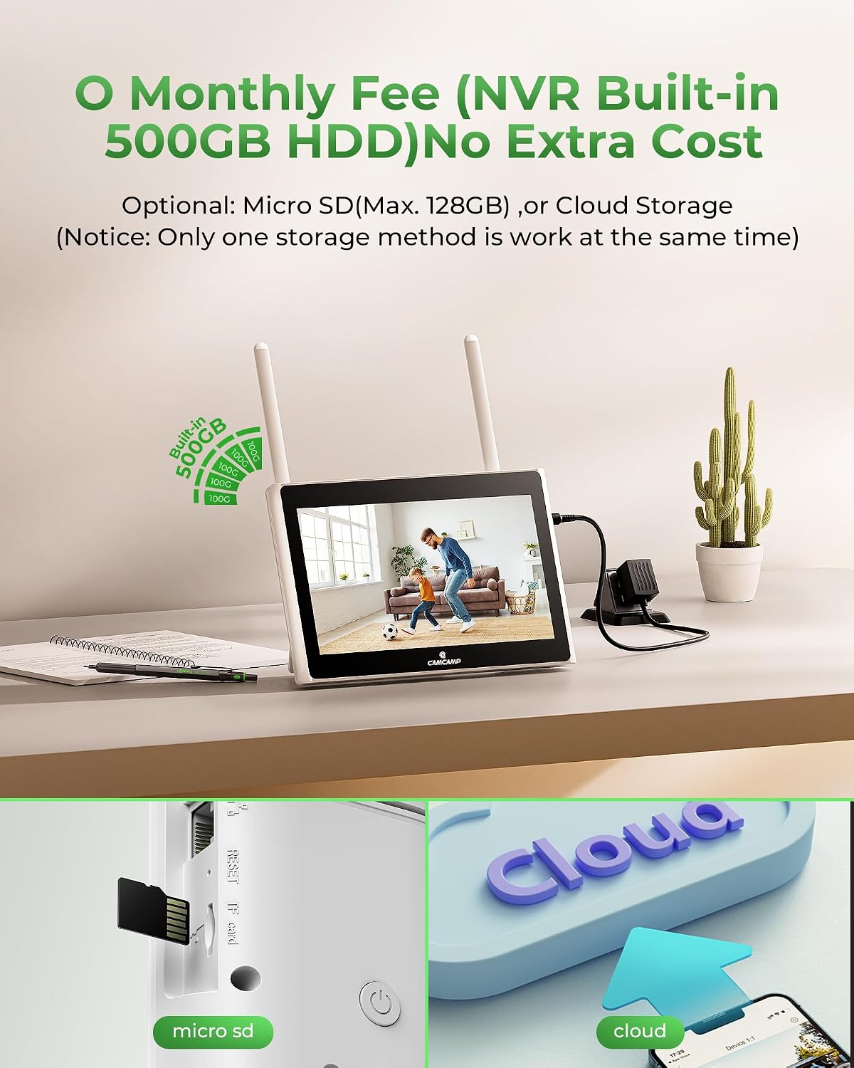 CAMCAMP Solar Security Cameras Wireless Outdoor with 10' Monitor, 10CH NVR 2K Solar Home Security Camera System with 360° Color Night Vision,2-Way Audio,500GB Local Storage,No Monthly Fee,No Need WiFi