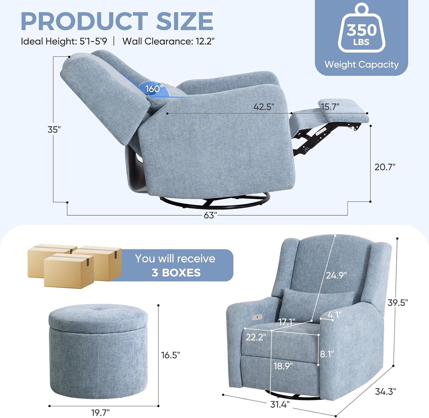 Power Recliner Chair Swivel Glider, Large Nursery Glider with Ottoman & USB Charging Port, Chenille Upholstered Rocker Glider Recliner for Nursery,Living Room, Blue