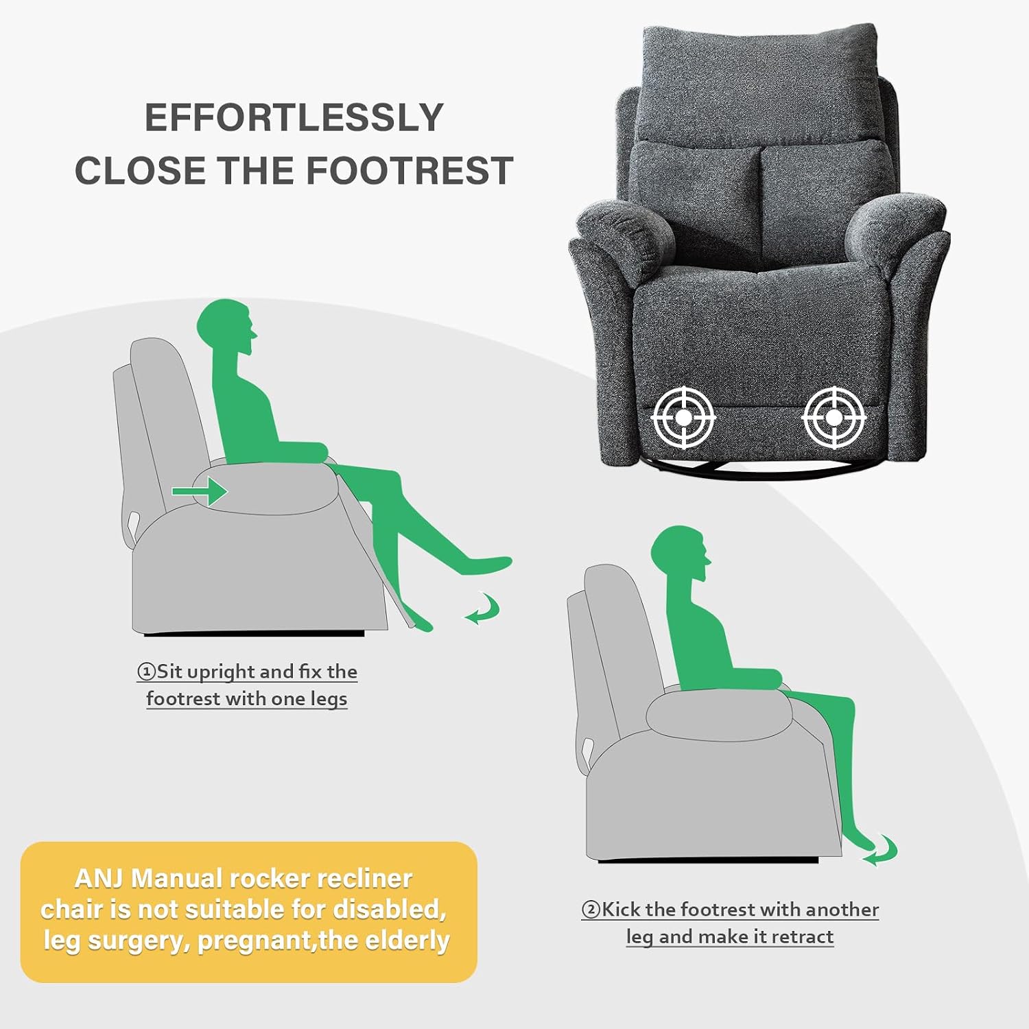 ANJ Swivel Rocker Recliner Chair Nursery Manual Glider Rocking Recliner Chairs for Adults, Fabric Rocking Chair Nursery, 360° Swivel Lazy Boy Recliner Chairs for Living Room, rv, Smoky Grey