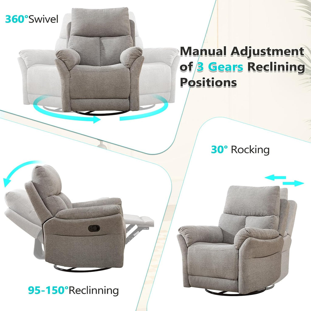 ANJ Swivel Rocker Recliner Chair Set of 2, Manual Fabric Glider Nursery Recliner Chair, Single Rocking Modern Sofa Home Theater Seating for Living Room, Nursery (Silver)