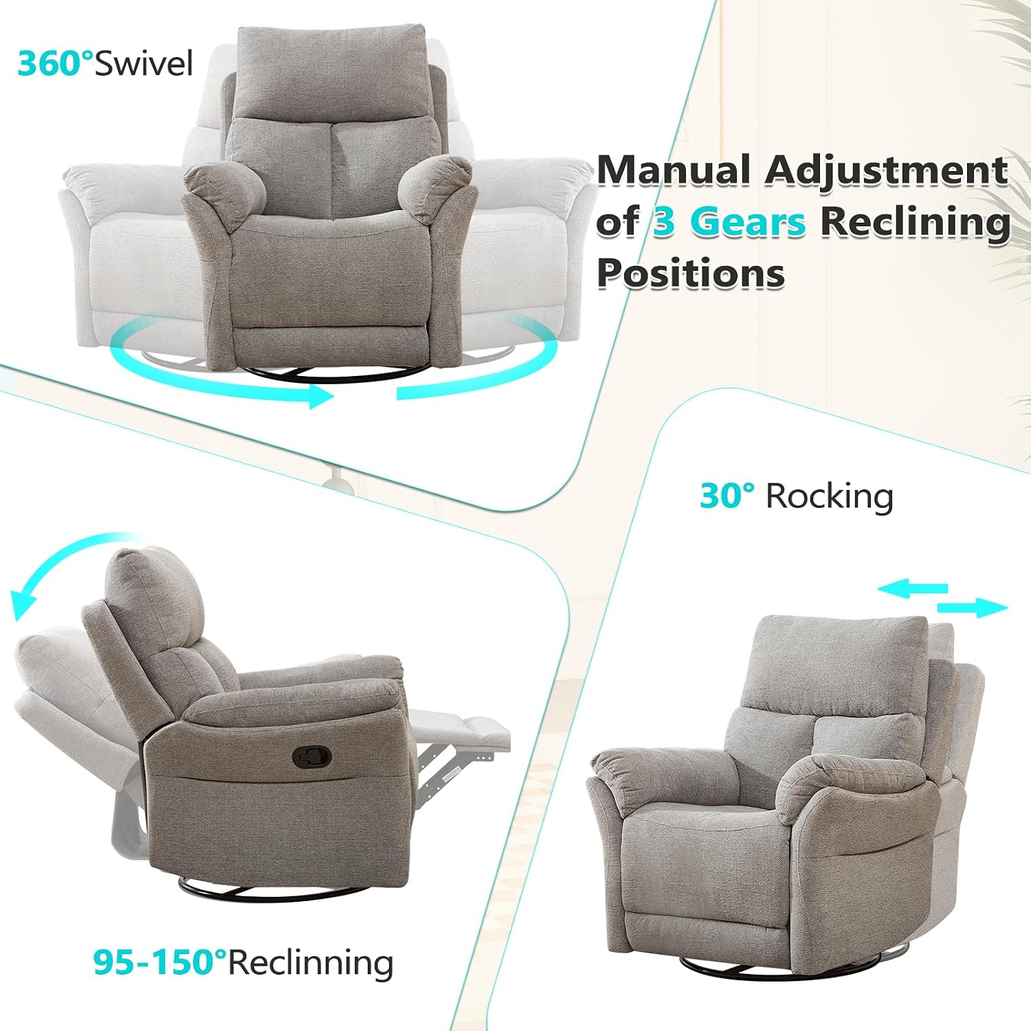 ANJ Swivel Rocker Recliner Chair Set of 2, Manual Fabric Glider Nursery Recliner Chair, Single Rocking Modern Sofa Home Theater Seating for Living Room, Nursery (Silver)
