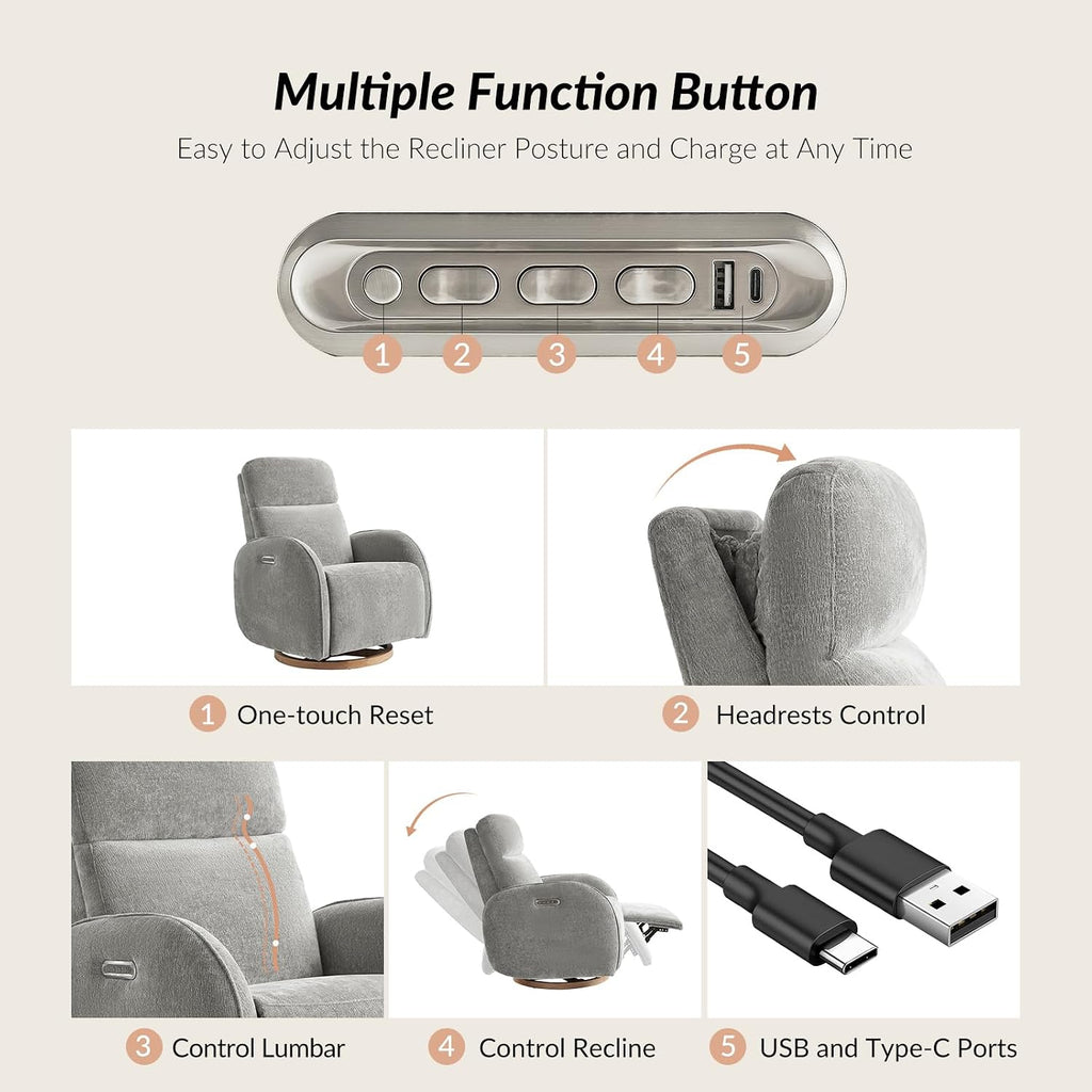 HULALA HOME Glider Recliner Nursery Chair with Adjustable Headrest and Lumbar Support, Modern Power Recliner with USB Port and Nightlight, Swivel Rocker Glider for Nursing Room Bedroom, Grey