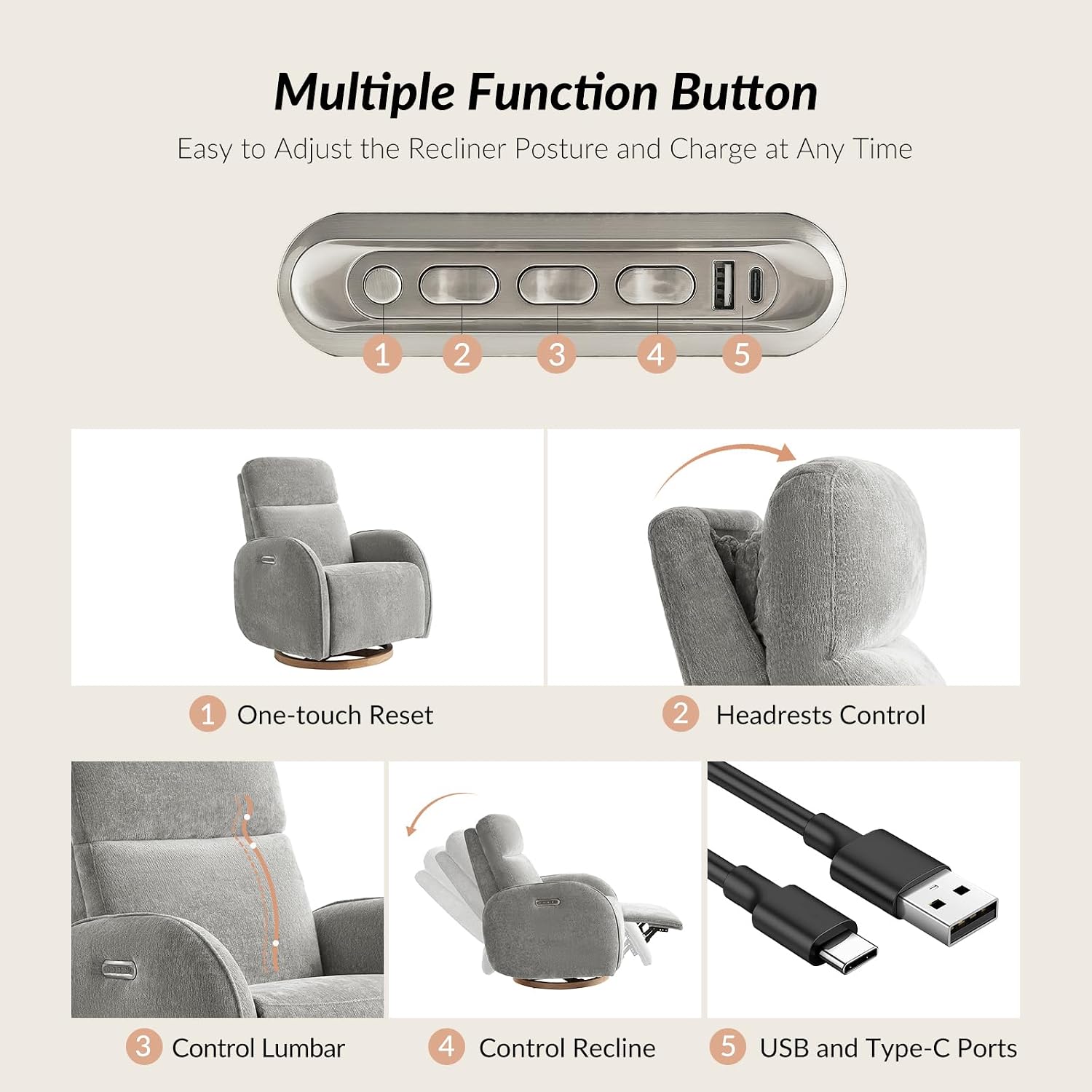 HULALA HOME Glider Recliner Nursery Chair with Adjustable Headrest and Lumbar Support, Modern Power Recliner with USB Port and Nightlight, Swivel Rocker Glider for Nursing Room Bedroom, Grey