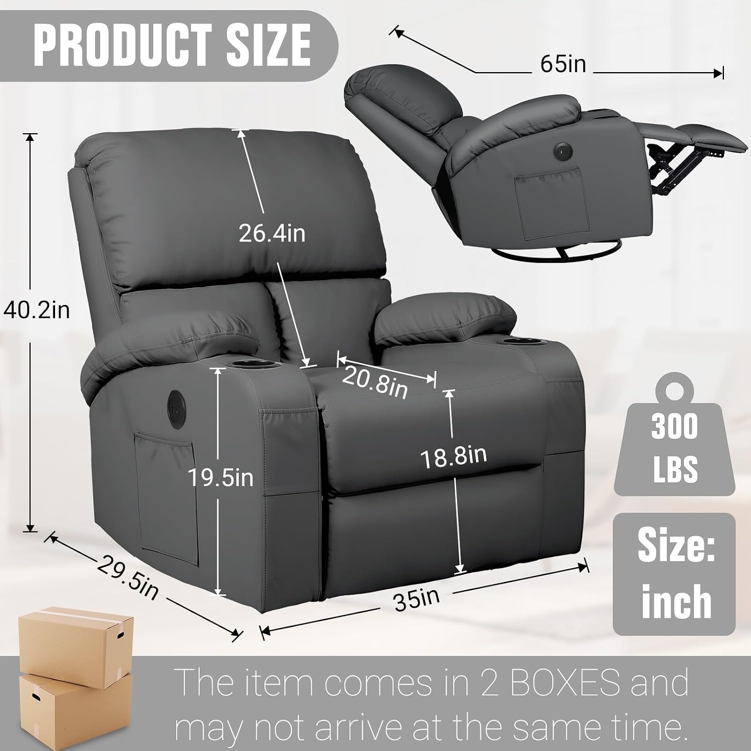 LEVELEVE Rocking Recliner Chair, Massage Rocker Recliner Chair with Vibration Massage and Heat, USB and Type-C Ports,360° Swivel Faux Leather Chairs, Living Room, Bedroom, Nursery, RV, Dark Grey