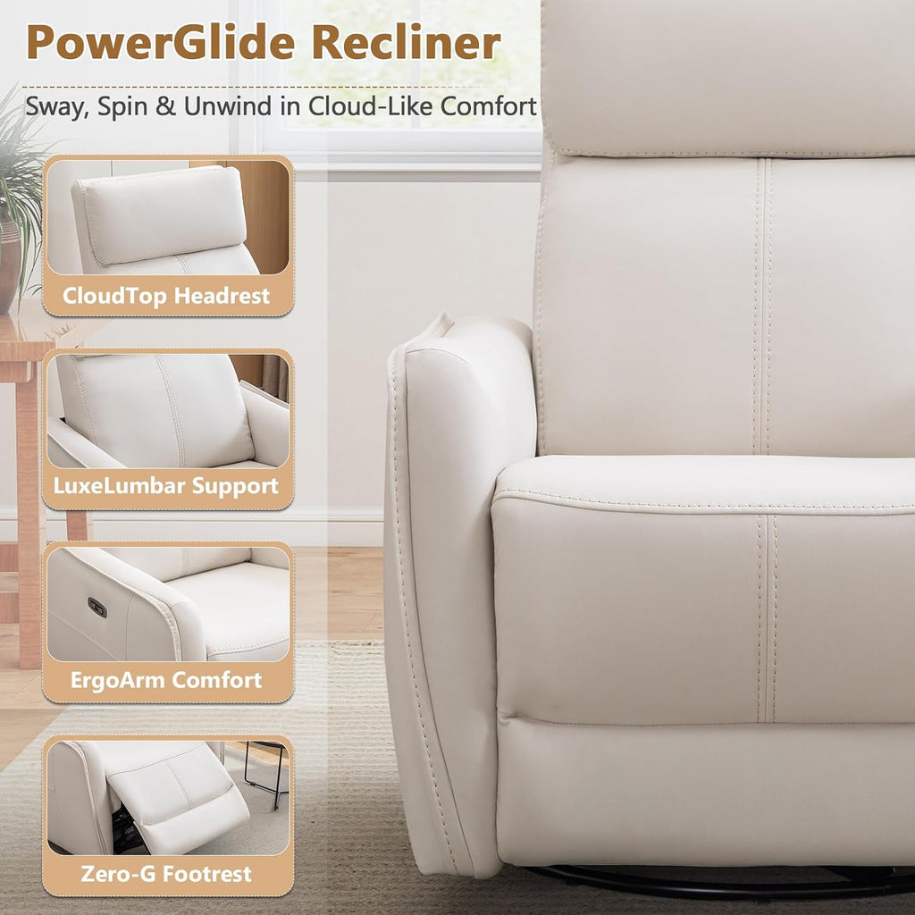 ANJ Power Swivel Recliner Chair,Rocking Chair Nursery with USB Port, Rocker Reclining Chair with Upholstered,Faux Leather Glider Rocking Chairs for Living Room, Bedroom, Cream White