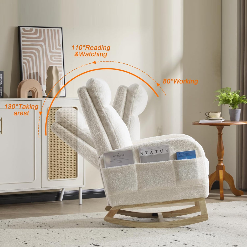 Rocking Chair Nursery with Foot Rest, Sherpa Nursing Rocking for Mom Nursery Rocker Chair with High Straight Backrest, Armchair Rocker Glider with Side Pocket for Living Room, Bedroom, Teddy White