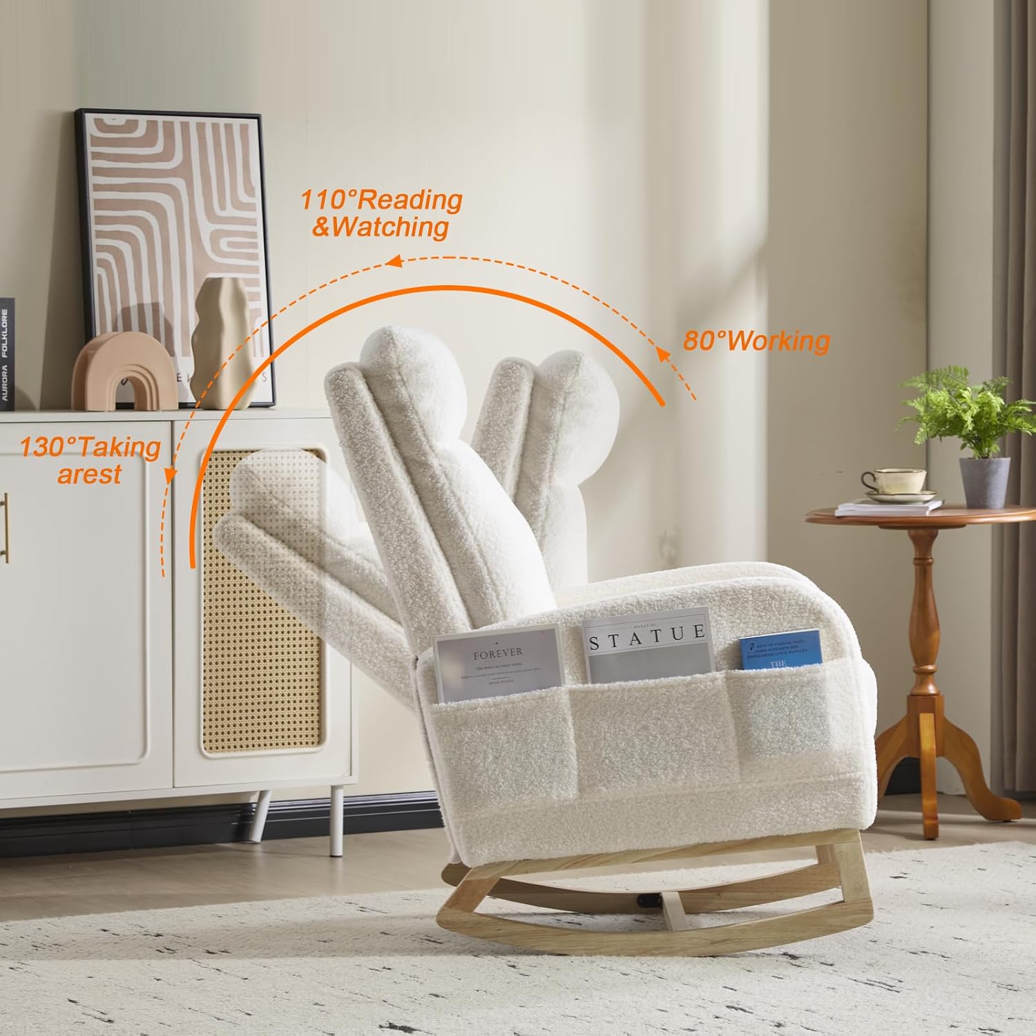 Rocking Chair Nursery with Foot Rest, Sherpa Nursing Rocking for Mom Nursery Rocker Chair with High Straight Backrest, Armchair Rocker Glider with Side Pocket for Living Room, Bedroom, Teddy White