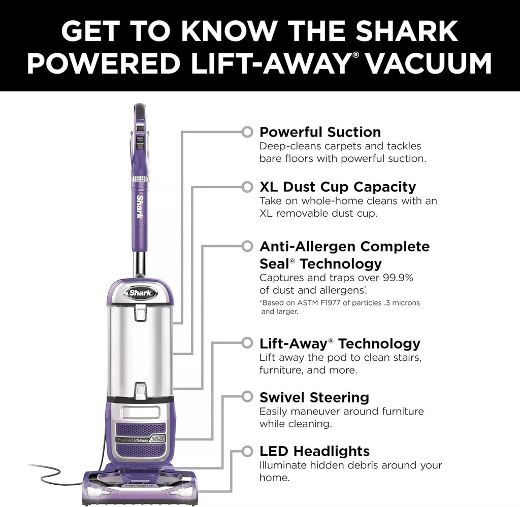 Shark NV586 Powerful Navigator Powered Lift-Away Upright Vacuum for Hardwood Tile Carpet Multi-Surface NV586 (Renewed)