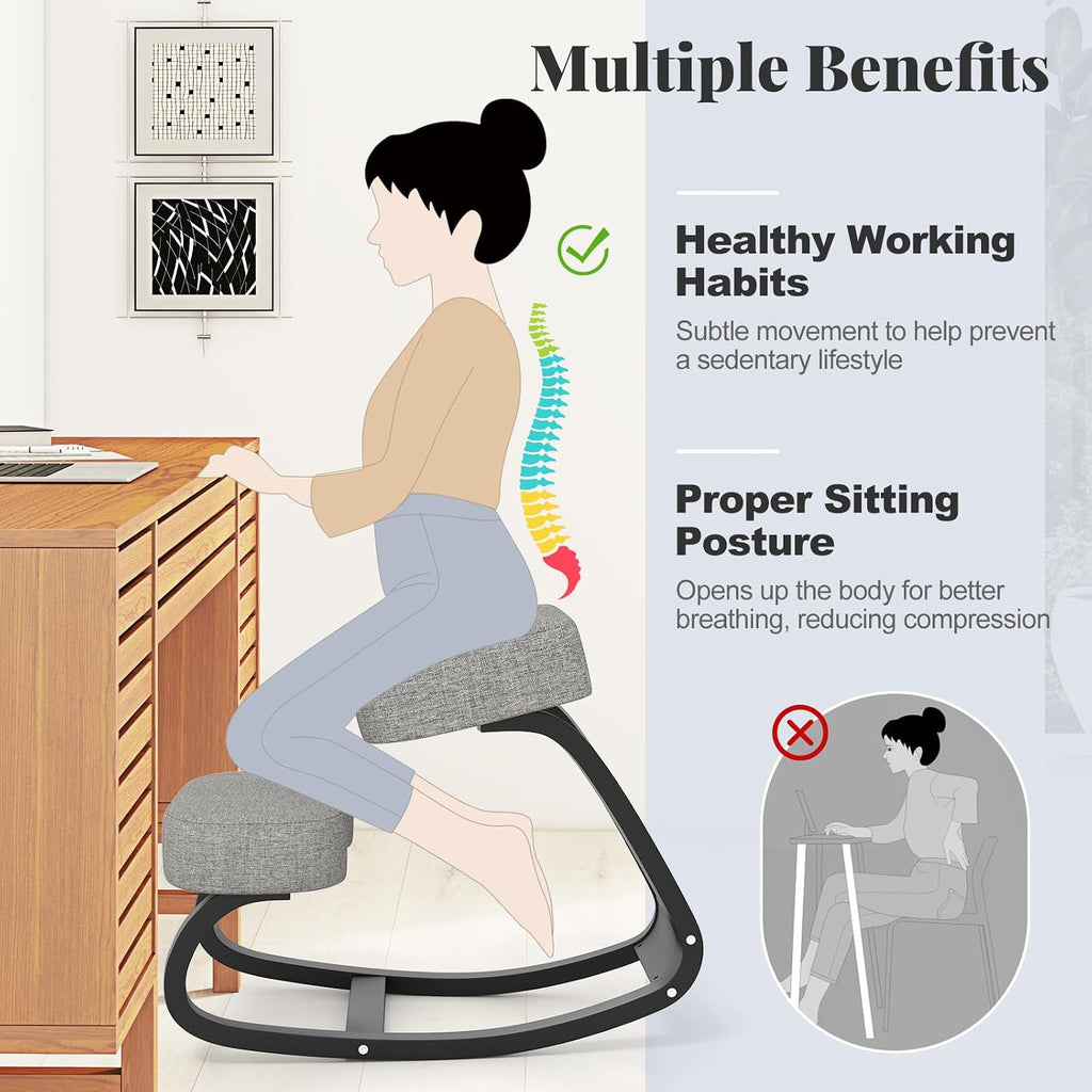 Giantex Ergonomic Kneeling Chair, Rocking Posture Chair with Padded Cushion, Knee Chair for Back Neck Pain Relief, Wooden Kneeling Desk Chair for Home Office