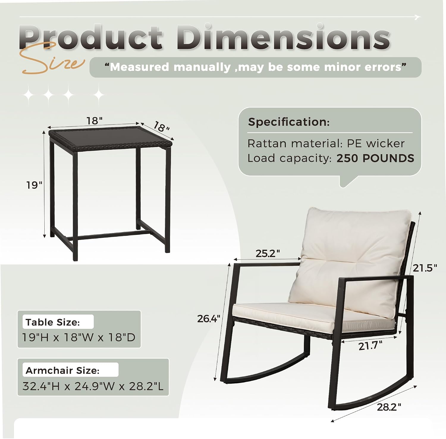 SUNCROWN 3 Piece Outdoor Rocking Bistro Set Black Wicker Furniture Porch Chairs Conversation Sets with Glass Coffee Table, Beige