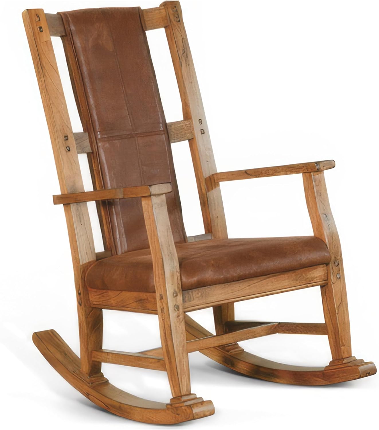 Benzara Marv Rocking Chair with Faux Leather Seat and Back- Rustic Oak Brown
