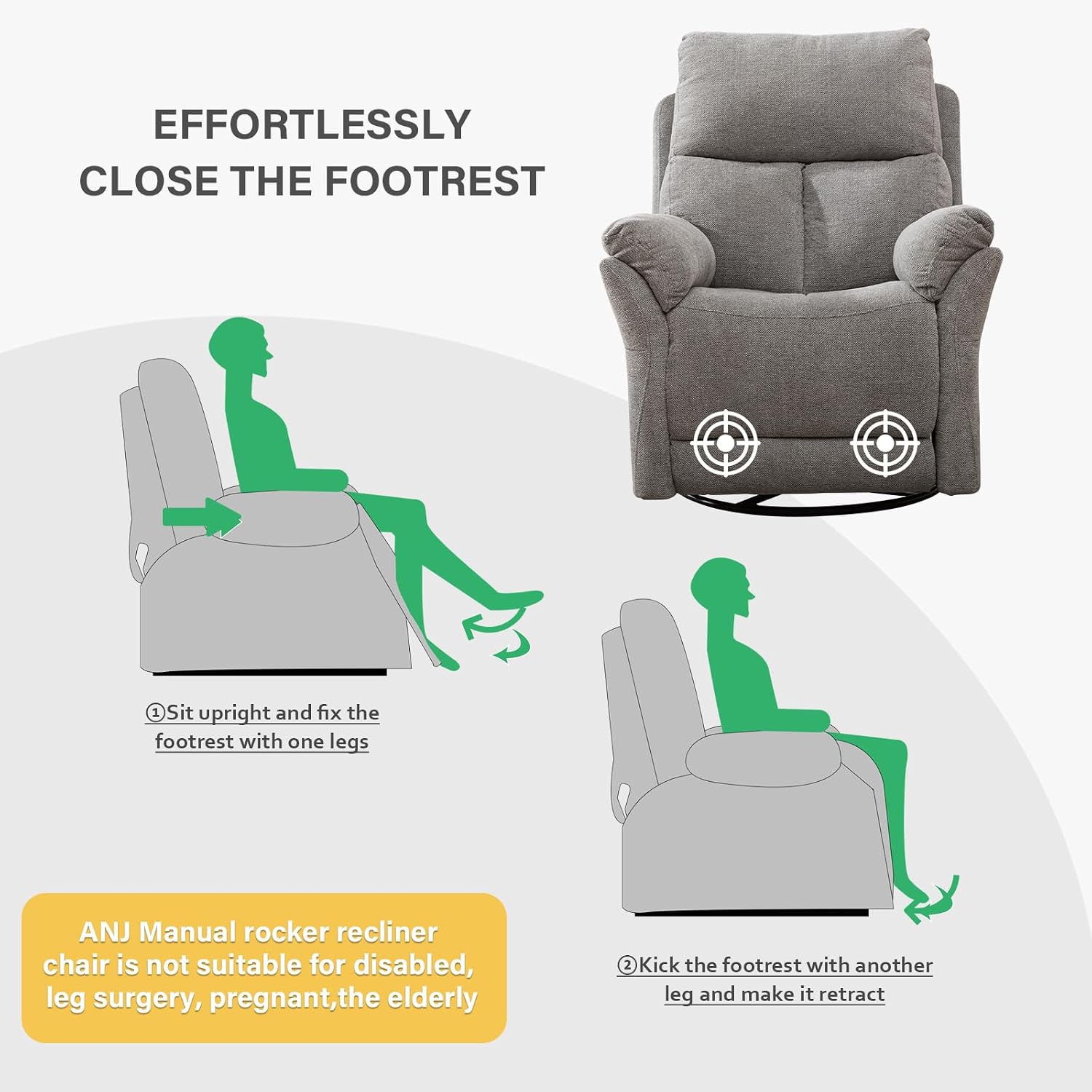 ANJ Swivel Rocker Recliner Nursery Chair, Manual Glider Rocking Recliner Chairs for Adults, Rocking Chair Nursery ReclinerS, 360° Swivel Lazy Boy Recliner Chairs for Living Room, rv, Silver Grey