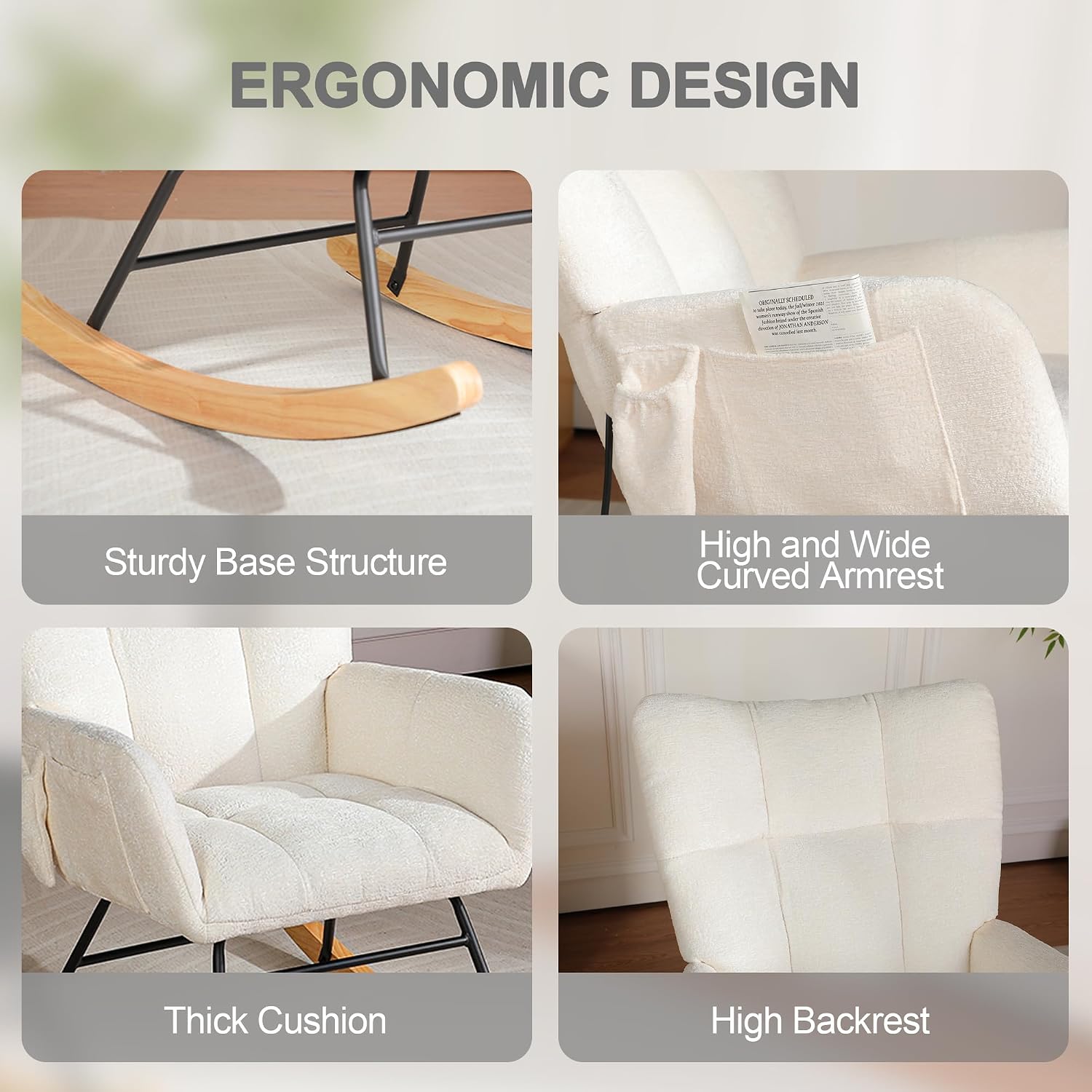 Rocking Chair Nursery with Airbag, Comfy Modern Nursery Rocking Reading Chair indoor, Cozy Upholstered Glider Rocker Chairs for Living Room Bedroom Offices, Sillas Mecedoras(Chenille, White)
