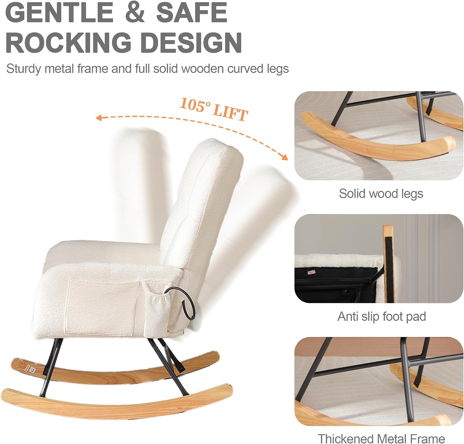 Rocking Chair Nursery with Airbag, Comfy Modern Nursery Rocking Reading Chair indoor, Cozy Upholstered Glider Rocker Chairs for Living Room Bedroom Offices, Sillas Mecedoras(Chenille, White)