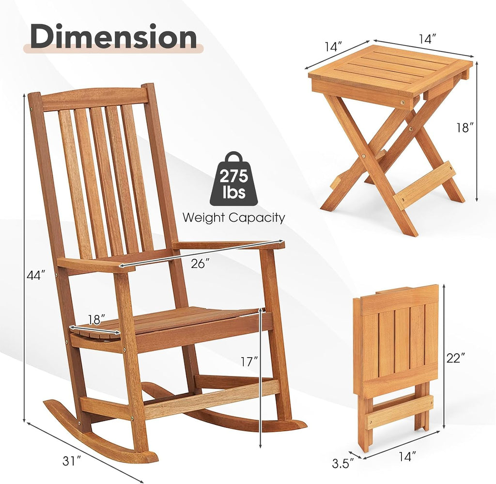 Tangkula Outdoor Rocking Chairs Set of 2, Heavy Duty High Back Patio Wood Rockers with Folding Table, for Backyard, Terrace, Poolside and Lawn