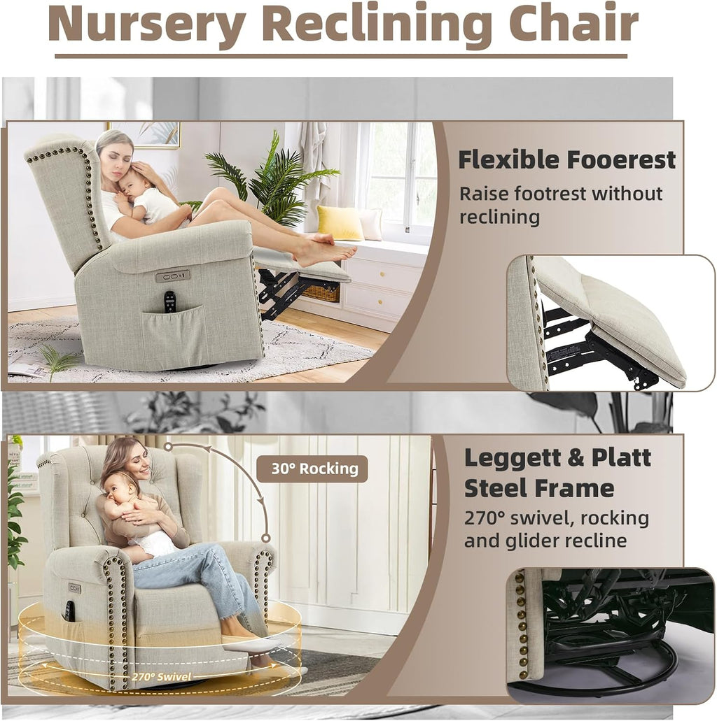 Power Swivel Rocking Glider Recliner Chair with Massage and Heat, Electric Nursery Glider Rocker for Living Room, Wingback Tufted Upholstered Recliner Chair with Type-C & USB Ports, Beige