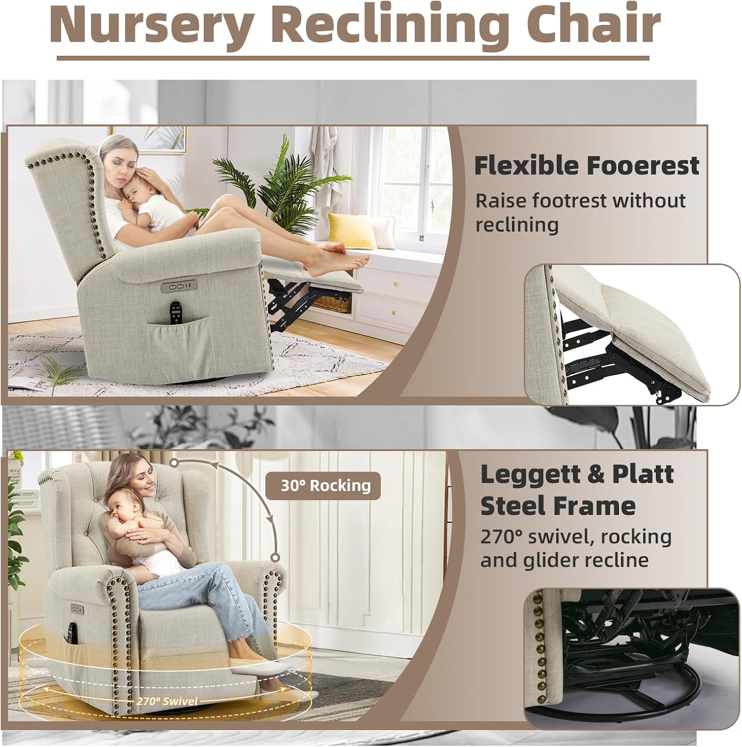 Power Swivel Rocking Glider Recliner Chair with Massage and Heat, Electric Nursery Glider Rocker for Living Room, Wingback Tufted Upholstered Recliner Chair with Type-C & USB Ports, Beige