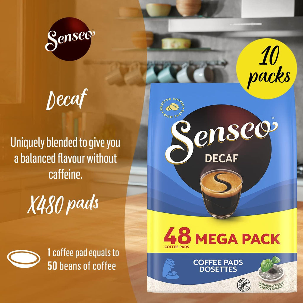 Senseo Decaf Coffee Pods – 480 Count (10 Packs) – Medium Roast with Smooth & Balanced Flavor and Rich Crema – Caffeine-Free Single-Serve Coffee Pads Compatible with Senseo & PeleCom Machines