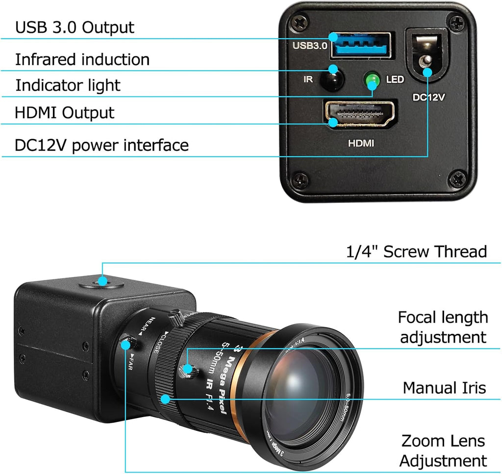 HDMI USB3.0 Dual Output HD YUY2 1080P 60fps Digital Security Camera, Industry Digital C-Mount with Manual 5-50mm Varifocal HD Lens, OSD Menu via Remote Controller