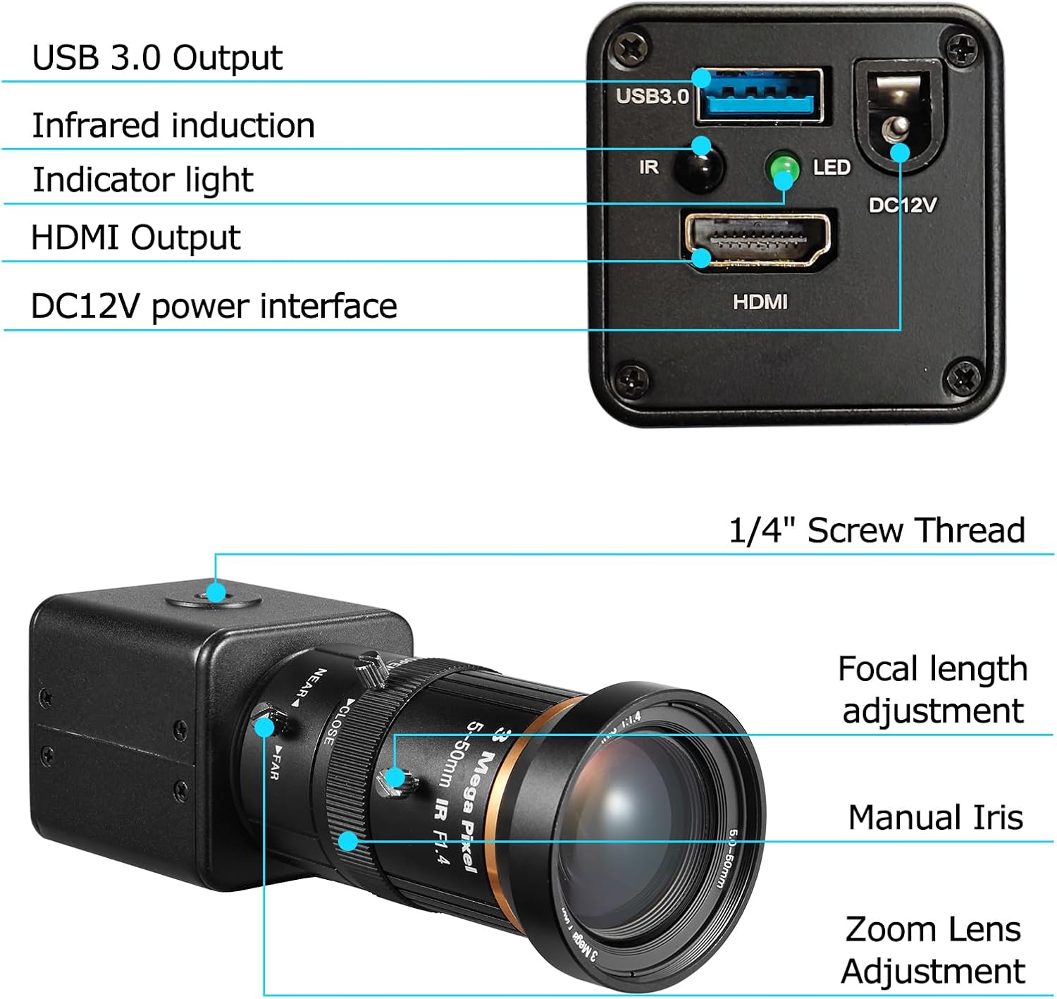 HDMI USB3.0 Dual Output HD YUY2 1080P 60fps Digital Security Camera, Industry Digital C-Mount with Manual 5-50mm Varifocal HD Lens, OSD Menu via Remote Controller