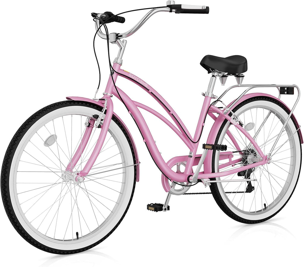 Cruiser Bike for Adults, 7-Speed Beach Cruiser Bicycle, 24/26 Inch Step-Through or High-Bar Frame, Comfort City Commuter Bike with Rear Rack, Fenders, Wide Saddle for Women & Men
