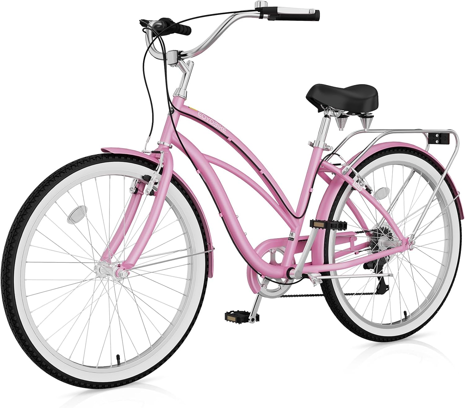 Cruiser Bike for Adults, 7-Speed Beach Cruiser Bicycle, 24/26 Inch Step-Through or High-Bar Frame, Comfort City Commuter Bike with Rear Rack, Fenders, Wide Saddle for Women & Men