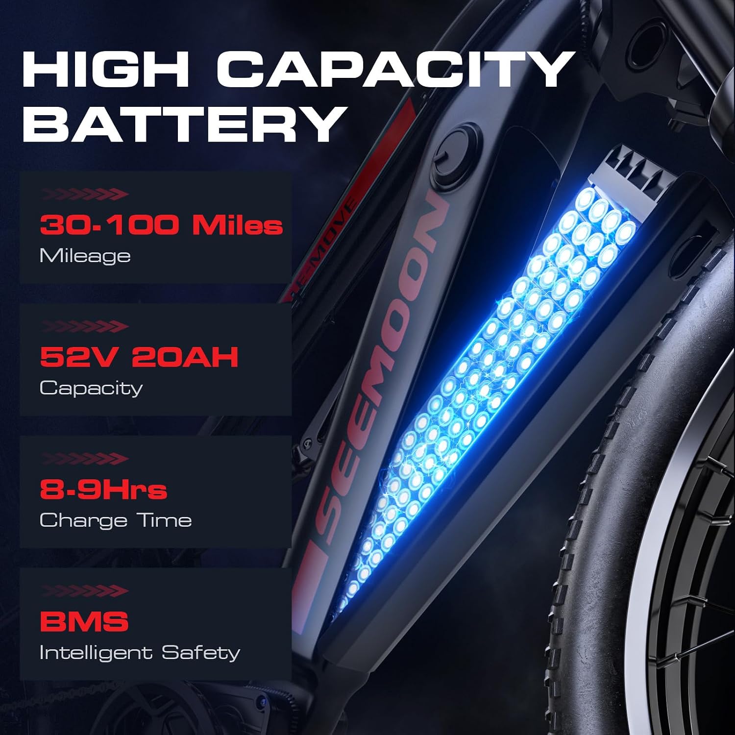 Seemoon Electric Bike for Adults, 52V 20Ah 26' Fat Tire Fast Ebike, up to 100 Miles, Hydraulic Brakes, Off-Road Mountain Hunting AWD Ebike for Men (Black)