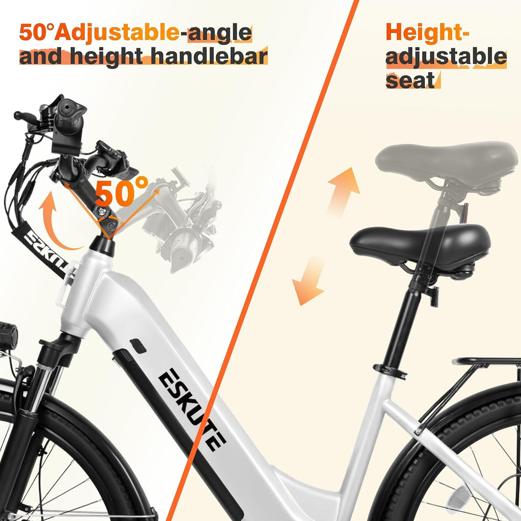 ESKUTE Electric Bike for Adults-1300w Peak Ebike, 28MPH Step Thru Electric Bicycle，70Miles 840 WH Removable Battery e-Bike, 7-Speed 26'' tire, Adjustable Stem,