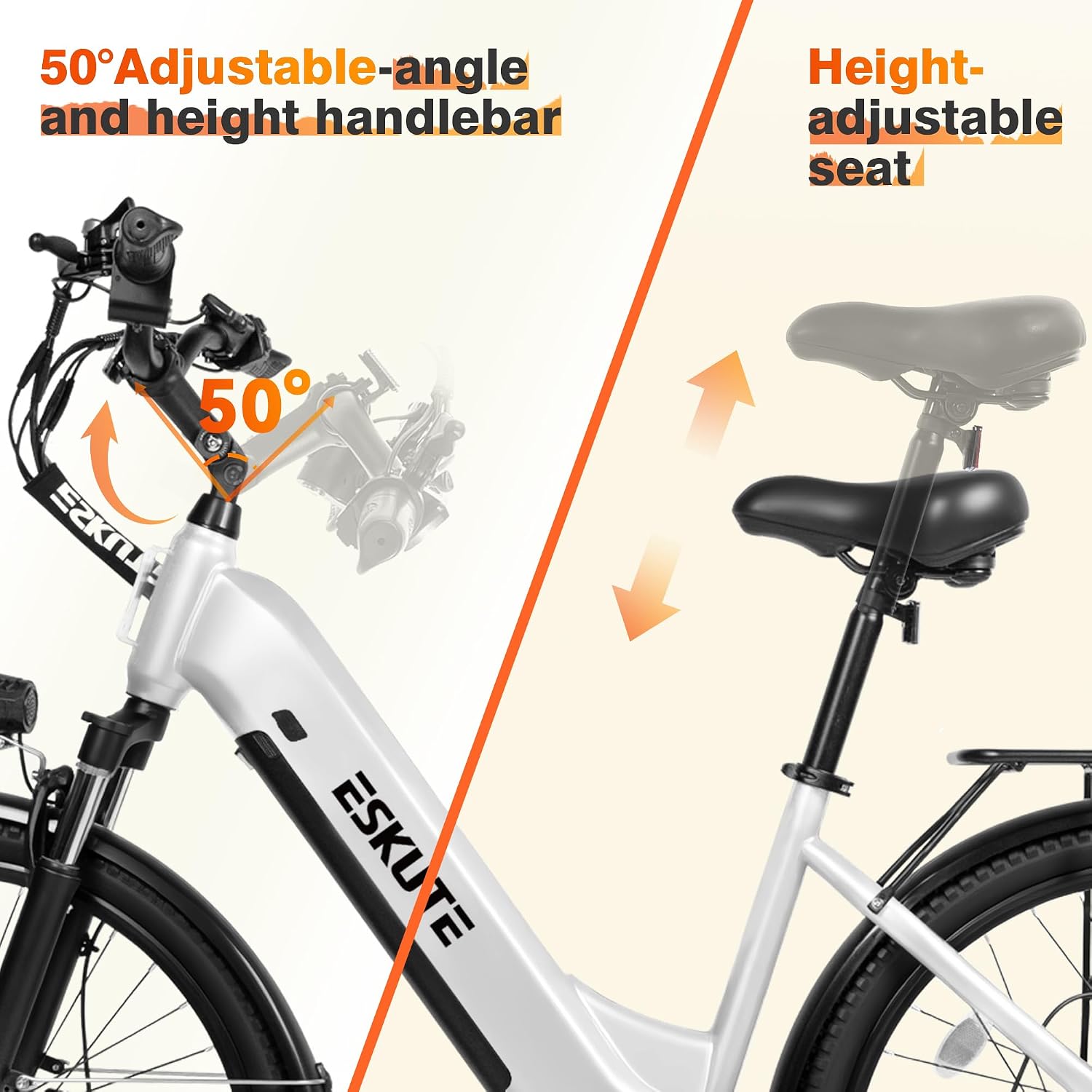 ESKUTE Electric Bike for Adults-1300w Peak Ebike, 28MPH Step Thru Electric Bicycle，70Miles 840 WH Removable Battery e-Bike, 7-Speed 26'' tire, Adjustable Stem,