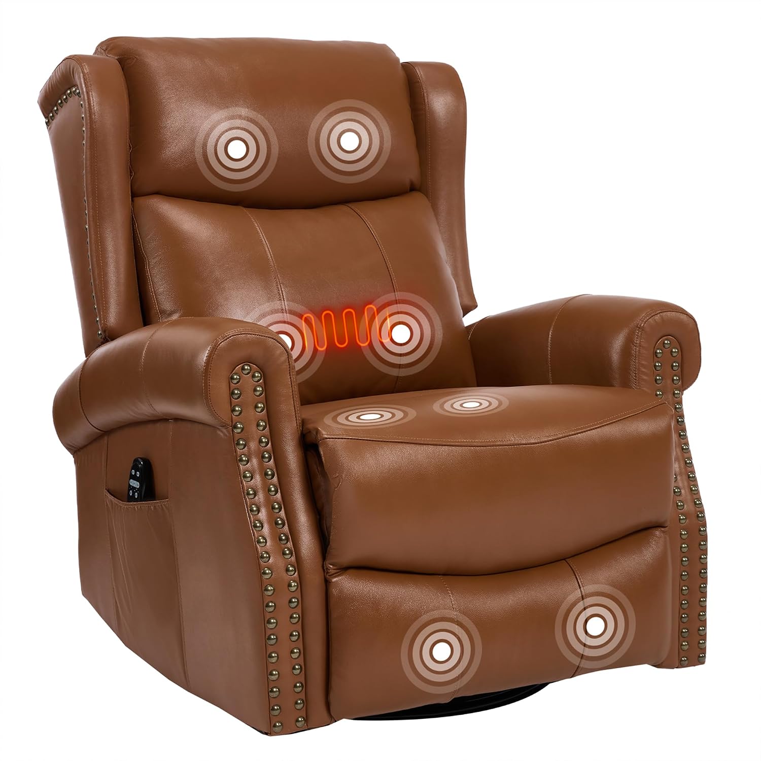 PELUMY Genuine Leather Swivel Rocking Recliner Chair for Adults, 360° Swivel Glider Rocker with Heat & Vibrating Massage, Lounge Chair for Living Room, Bedroom, Nursery (Earth Yellow)