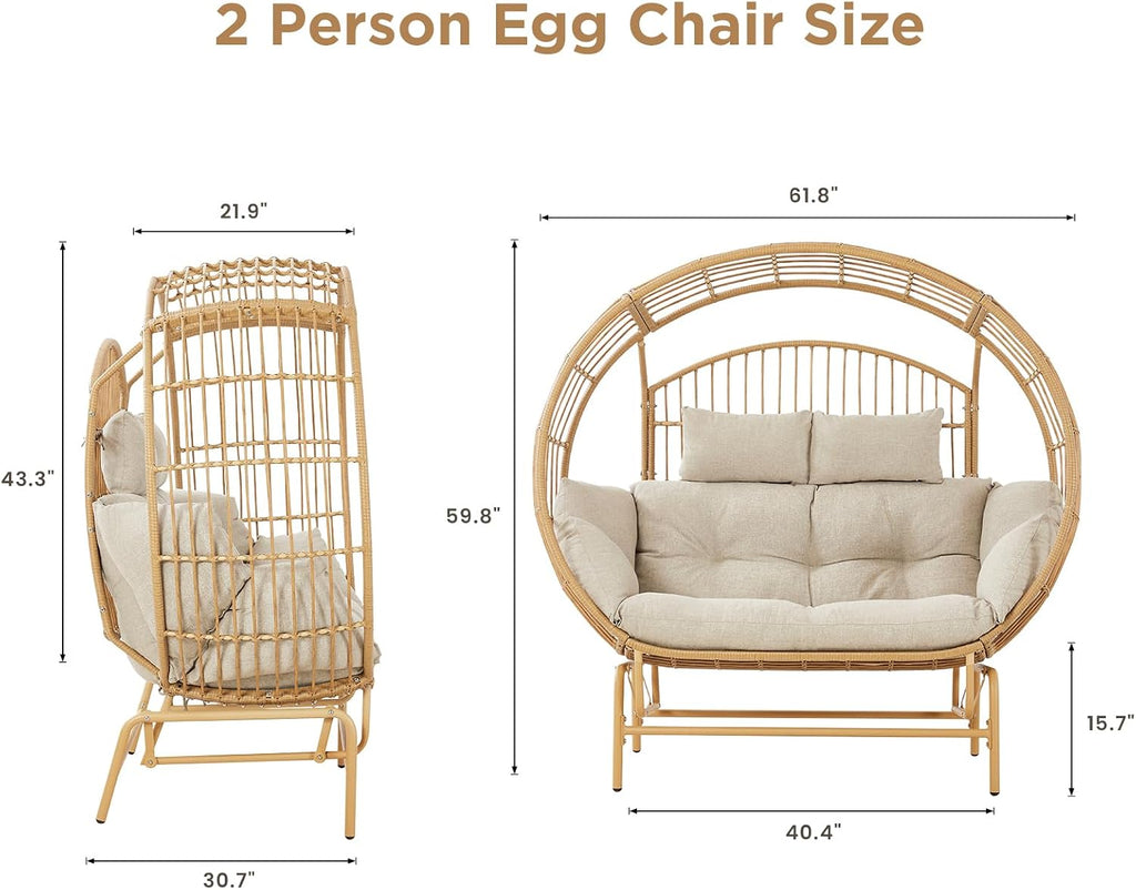 Oversized 2-Person Egg Chair Glider Rocking Chair, Heavy-Duty Wicker Rattan Outdoor Loveseat w/Thicken Padded Cushions, Extra Large Lounge Chair for Porch Backyard Patio Garden Yellow