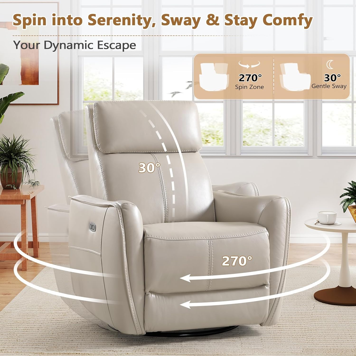 ANJ Power Swivel Rocker Recliner Chair,Nursery Rocking Chairs with USB & Type C Port,Upholstered Faux Leather Glider Rocking Chair for Living Room, Silver Gray