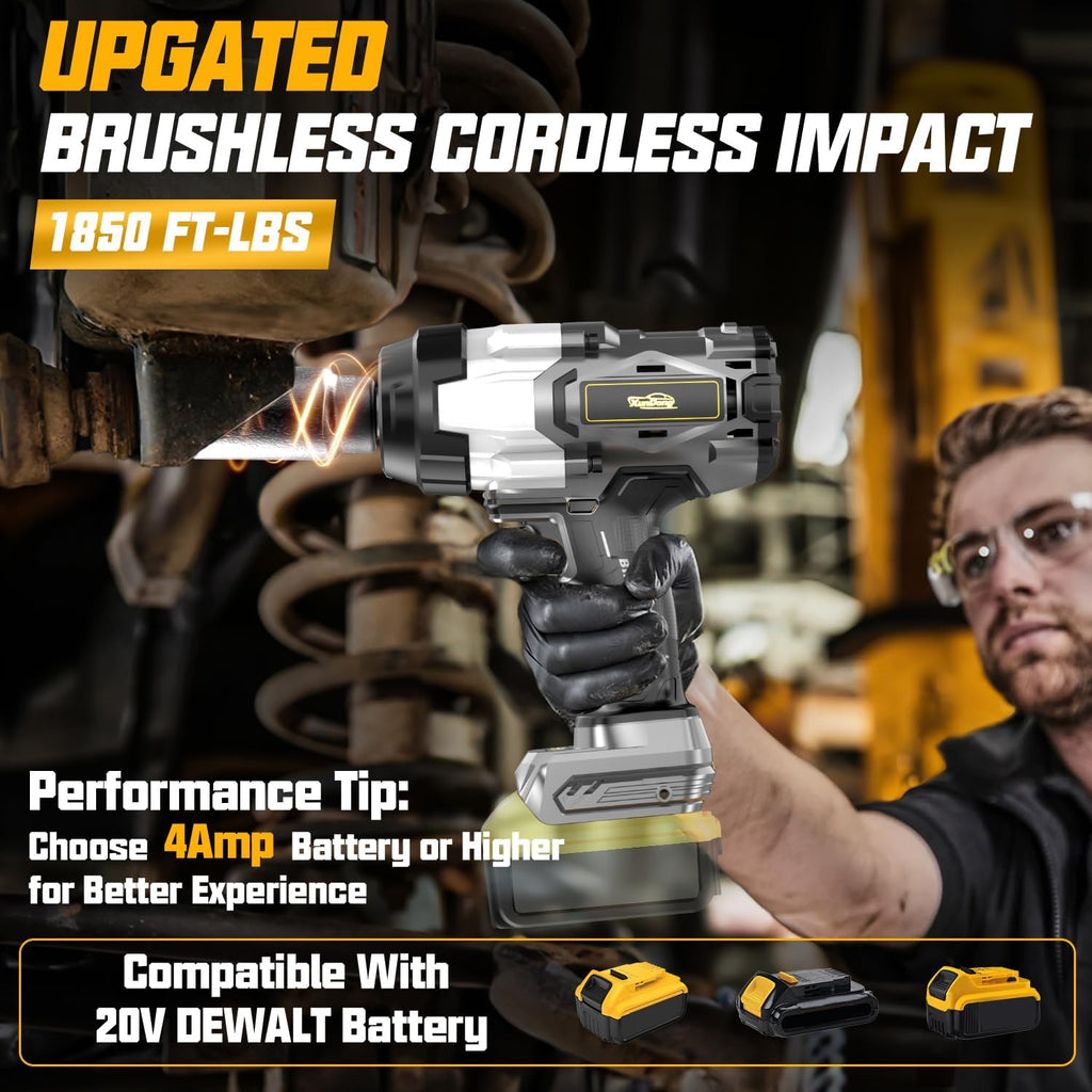 Cordless Impact Wrench 3/4' Compatible with Dewalt 20V Battery, 1850Ft-lbs(2500N.m) High Torque Impact Gun Heavy Duty, Brushless Electric Power Impact Driver with 4 Speed Modes & LED Work Light
