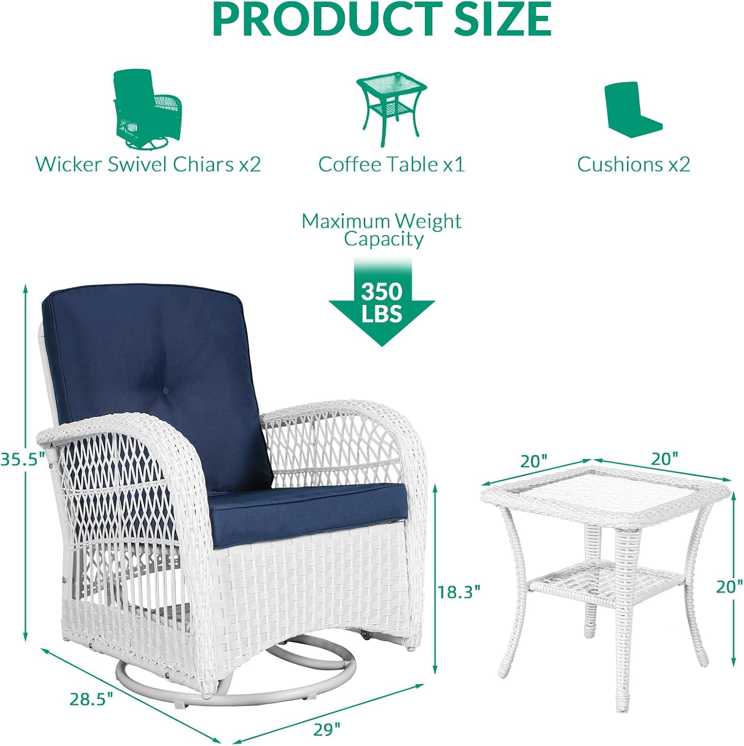 VIVIJASON 3-Piece Outdoor Conversation Bistro Set, Patio Swivel Glider Rocking Chairs Rattan Furniture Sets w/ 2 White Rattan Chairs, Glass Top Side Table for Porch Backyard, Navy Blue Cushions