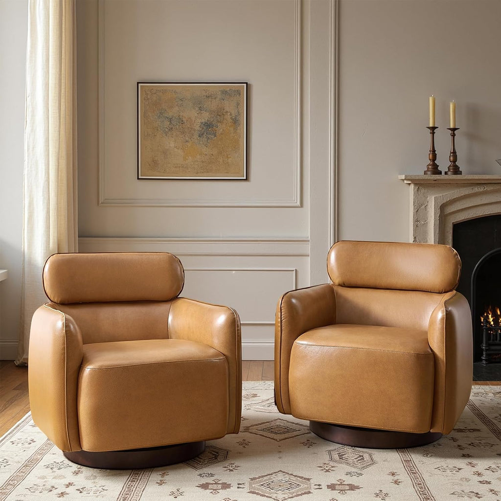 HULALA HOME Genuine Leather Swivel Rocker Chairs Set of 2, Swivel Rocking Barrel Chairs with Wooden Base, Modern Leather Accent Chairs for Living Room, Easy Assembly, Camel