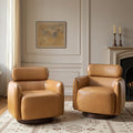 HULALA HOME Genuine Leather Swivel Rocker Chairs Set of 2, Swivel Rocking Barrel Chairs with Wooden Base, Modern Leather Accent Chairs for Living Room, Easy Assembly, Camel