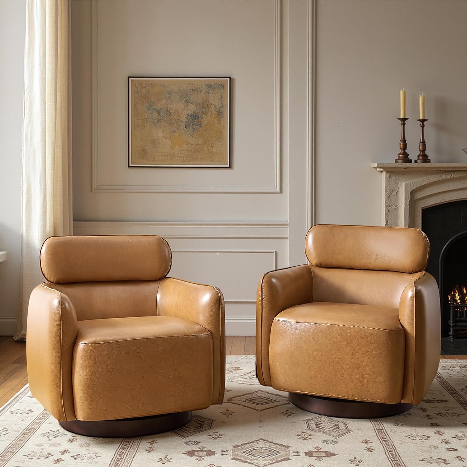 HULALA HOME Genuine Leather Swivel Rocker Chairs Set of 2, Swivel Rocking Barrel Chairs with Wooden Base, Modern Leather Accent Chairs for Living Room, Easy Assembly, Camel