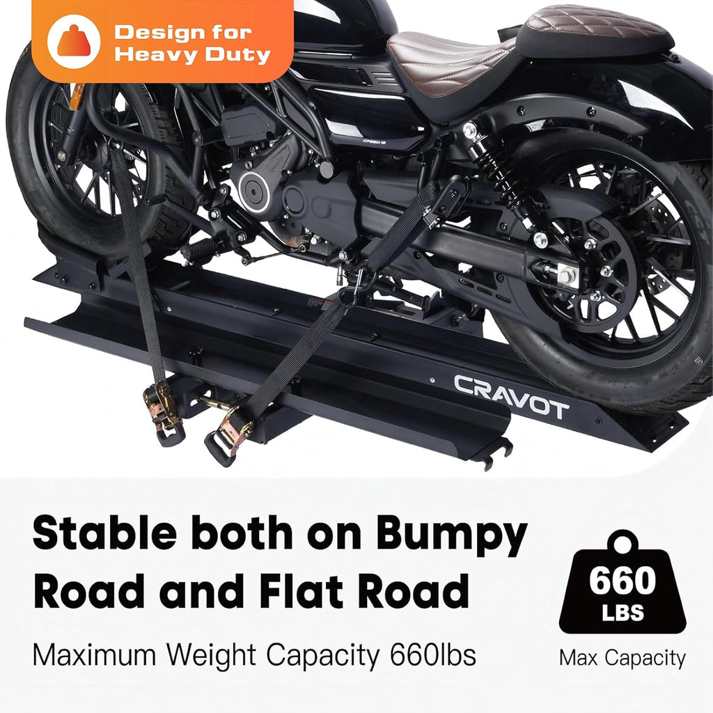 CRAVOT Motorack M1 Max Motorcycle Hitch Carrier with Ramp, 660 lbs Capacity Motorbike Carrier, Foldable Hauler Hitch Mount Rack Anti-Rattle Up to 6-inch Fat Tire 2' Receiver