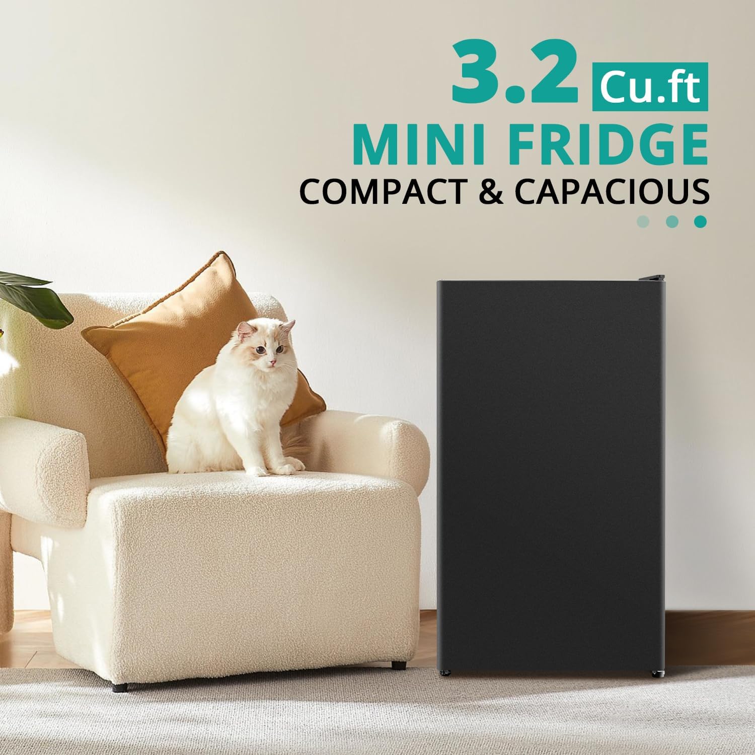 3.2 Cu.Ft Small Refrigerator Single Door, Mini Fridge for Bedroom Office Dorm Kitchen Undercounter, Compact Cooler with Removable Glass Shelves Quite Operation, Black