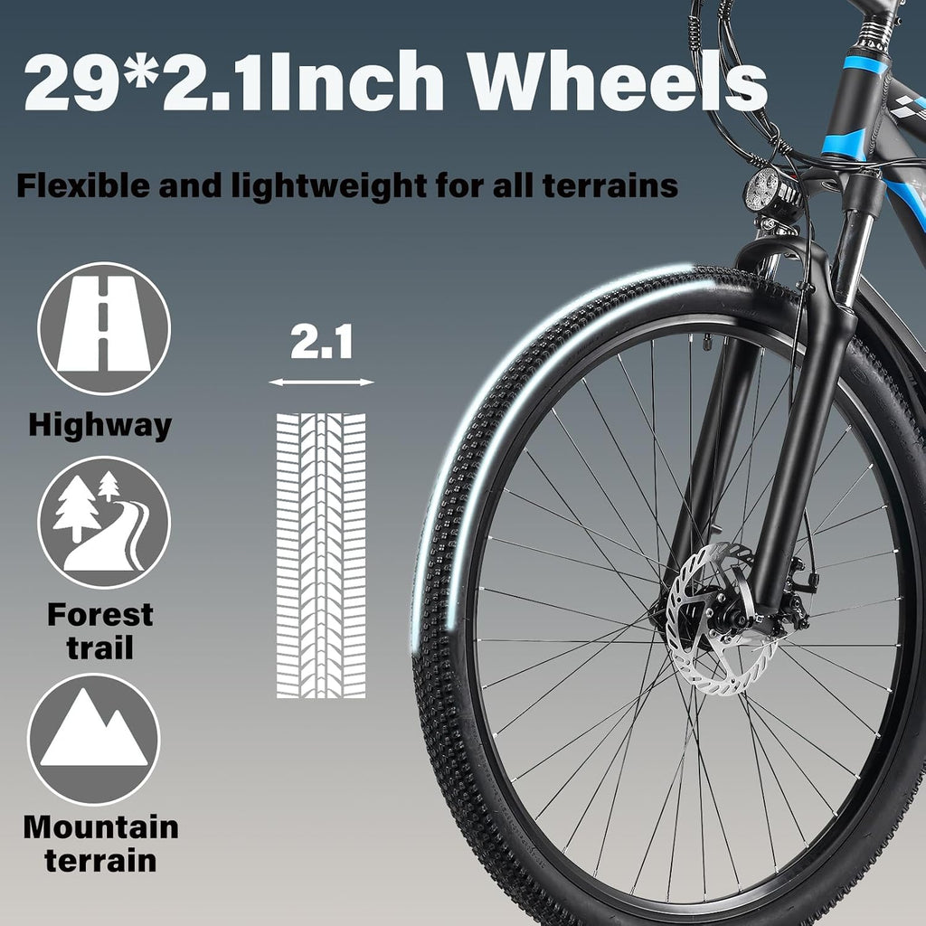 29 Inch Adult Commuter Electric Bike, 750 Watt/Peak 1000 Watt Motor 48V 17.5AH Removable Battery Electric Bike 29' x 2.1' 34MPH Electric Mountain Bike 21 Speed Gear Shift Electric Bike