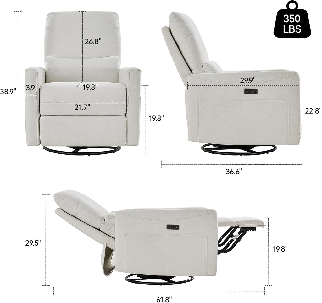 Power Swivel Rocker Recliner,Fabric Glider Recliner Nursery Chair,Small Rocking Chair,Single Reclining Sofa with Lumbar Support,USB&Type-C Ports,Living Room Home Threater Seat, Ivory White