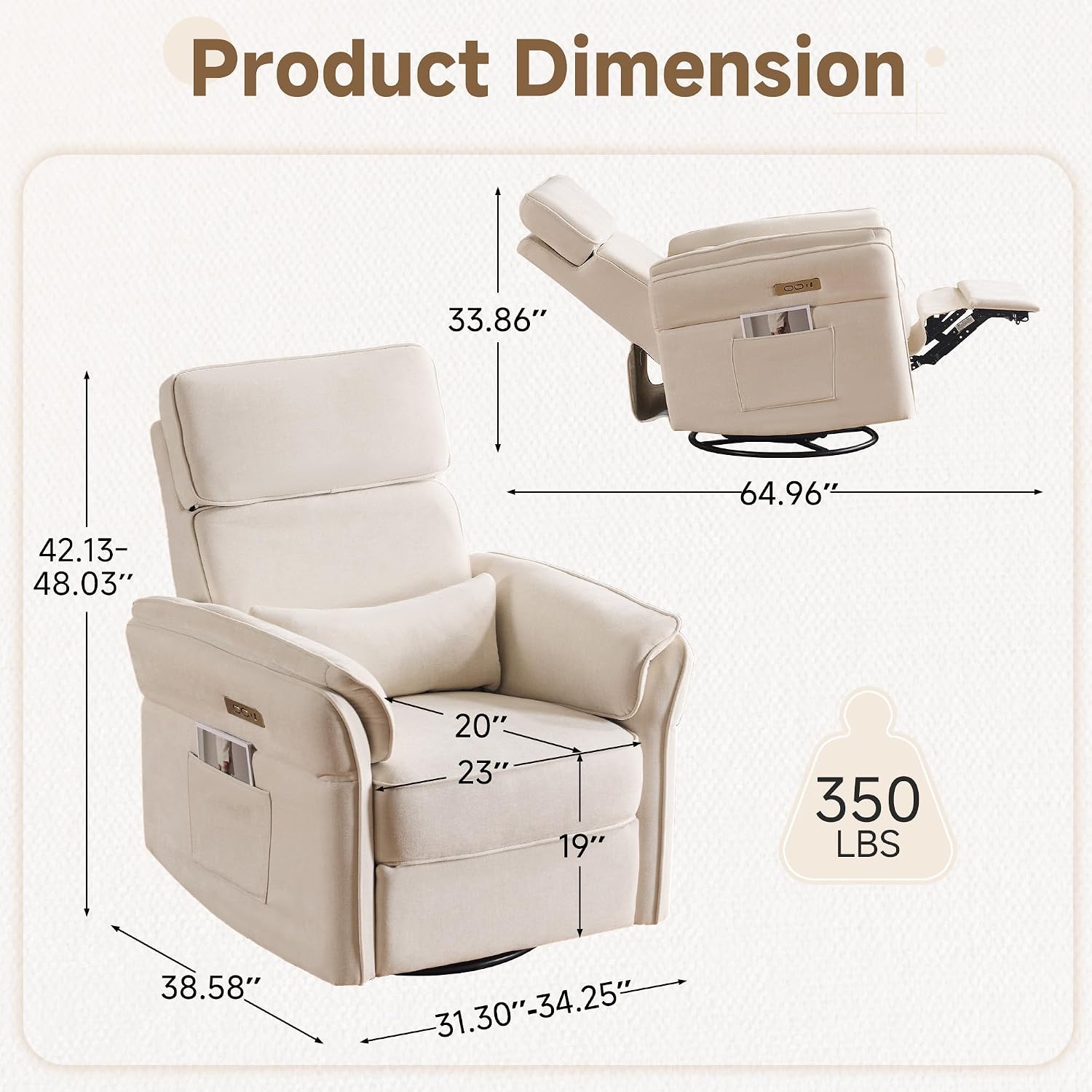 MELLCOM Power Recliner Rocking Chair Nursery Gliders with Adjustable Armrests and Headrest, Swivel Electric Glider Reclining Nursing Chair with Storage Bags and USB Port, FSC Certified,Beige Fabric